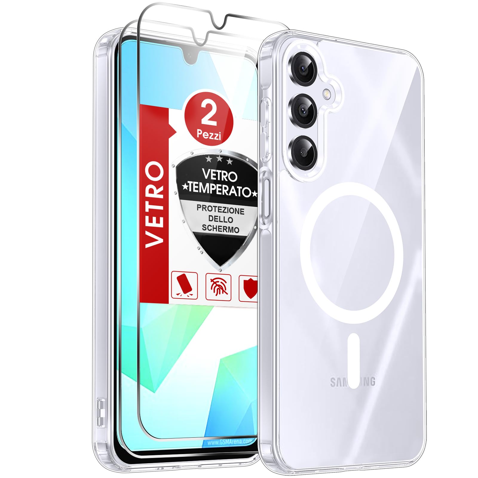 LeYi Cover Magnetica per Samsung Galaxy A16 5G/4G Trasparente Custodia con 2 Vetro Temperato [Compatibile con MagSafe] Protezione Fotocamera TPU Bumper Originale Antiurto Protettiva Case per A 16