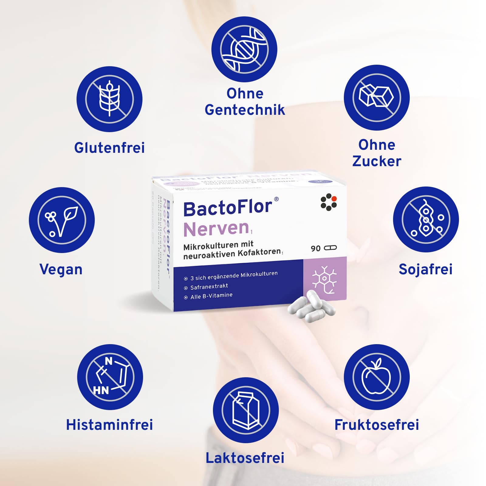 BactoFlor® Nerven - Probiotika für Darmsanierung mit Vitamin B Komplex & Folsäure (90 Kapseln) - 3 Bakterienstämme mit Biotin, Safran & Lactobacillus - Vitamin B1, B2, B3, B6, B12 - laktosefrei