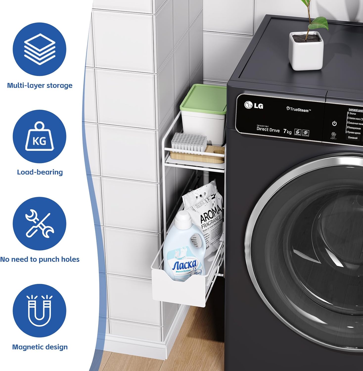 2 Tier Magnetic Shelves for Washing Machine with Pull Out Metal Drawer,Magnetic Spice Rack for Fridge,Magnetic Rack with no Installation, Versatile Storage Organizers for Home (White, 2 Tier)