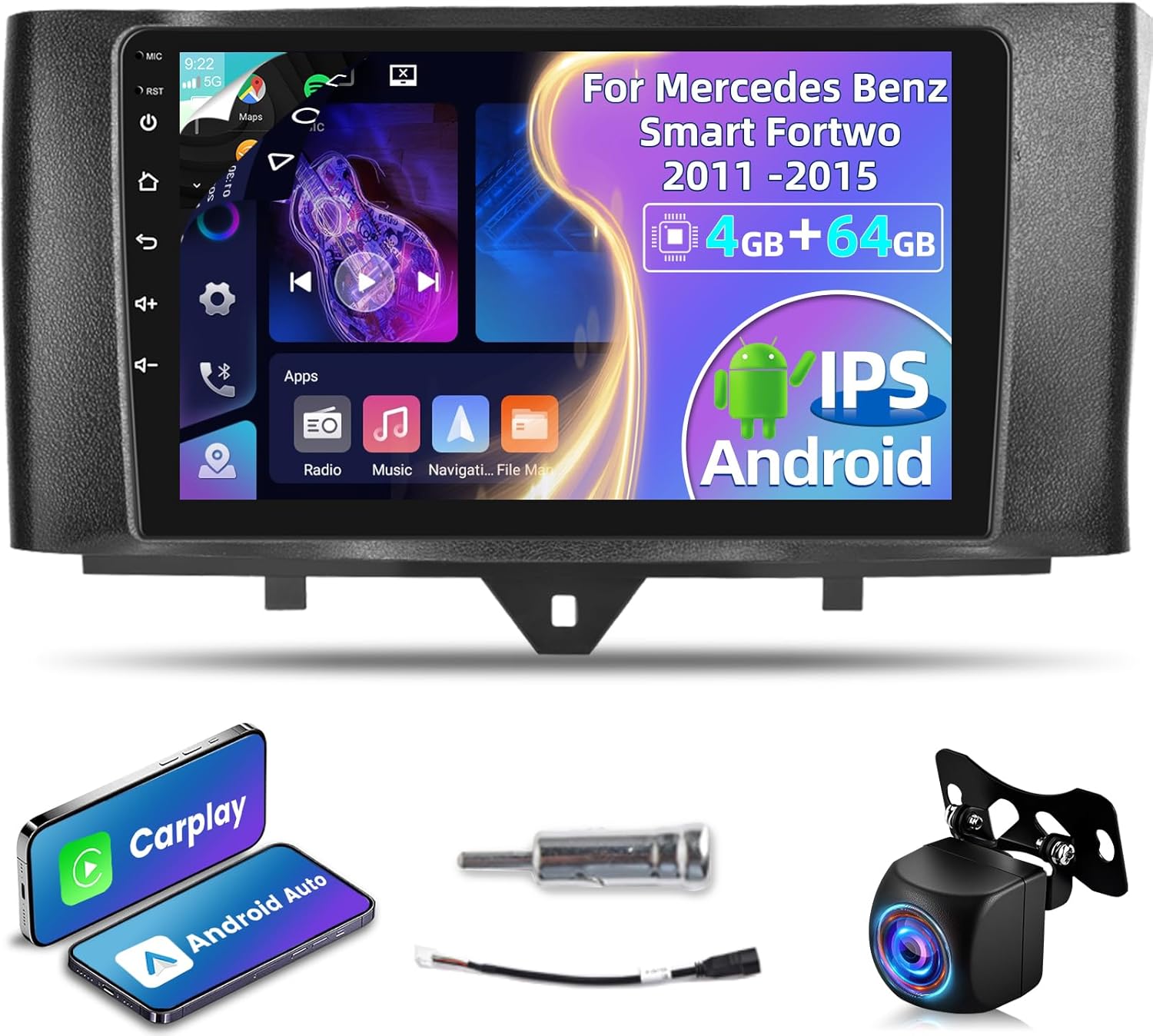 [4+64G] Car Radio for Mercedes Benz Smart Fortwo 2011-2015, 9 inch IPS 1280 * 720P Touchscreen Android Stereo – Wireless Carplay and Android Auto, AI DSP, Customize Homepage,SWC + AHD Backup Camera