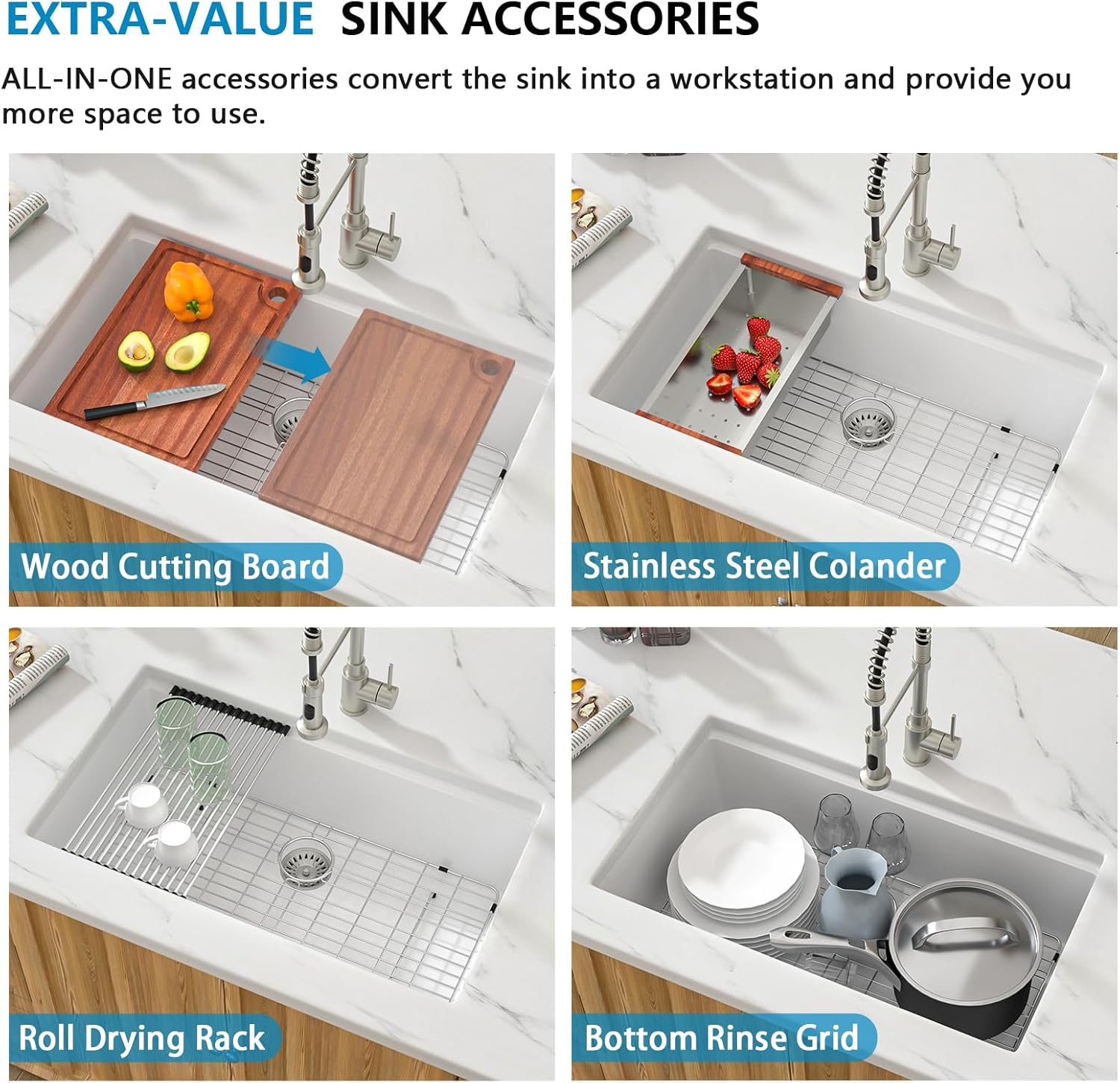 30 White Undermount Kitchen Sink Sink - 30''x19'' Granite Composite 9'' Deep Workstation Sink Ledge Quartz Classic Under Counter Single Bowl Basin