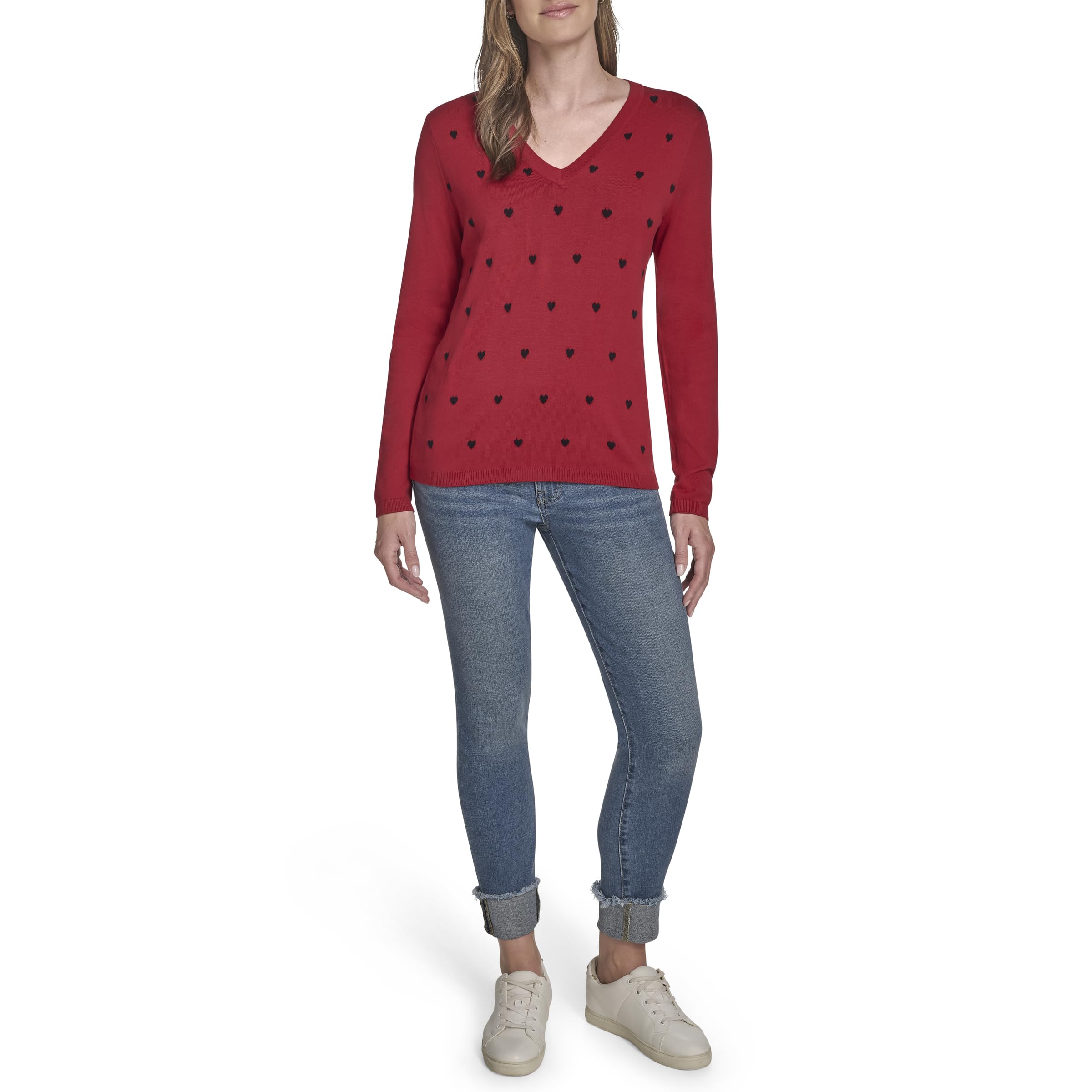 Tommy Hilfiger Damen V-Neck Long Sleeve Cotton Heart Print Sweater Pullover (1er Pack)
