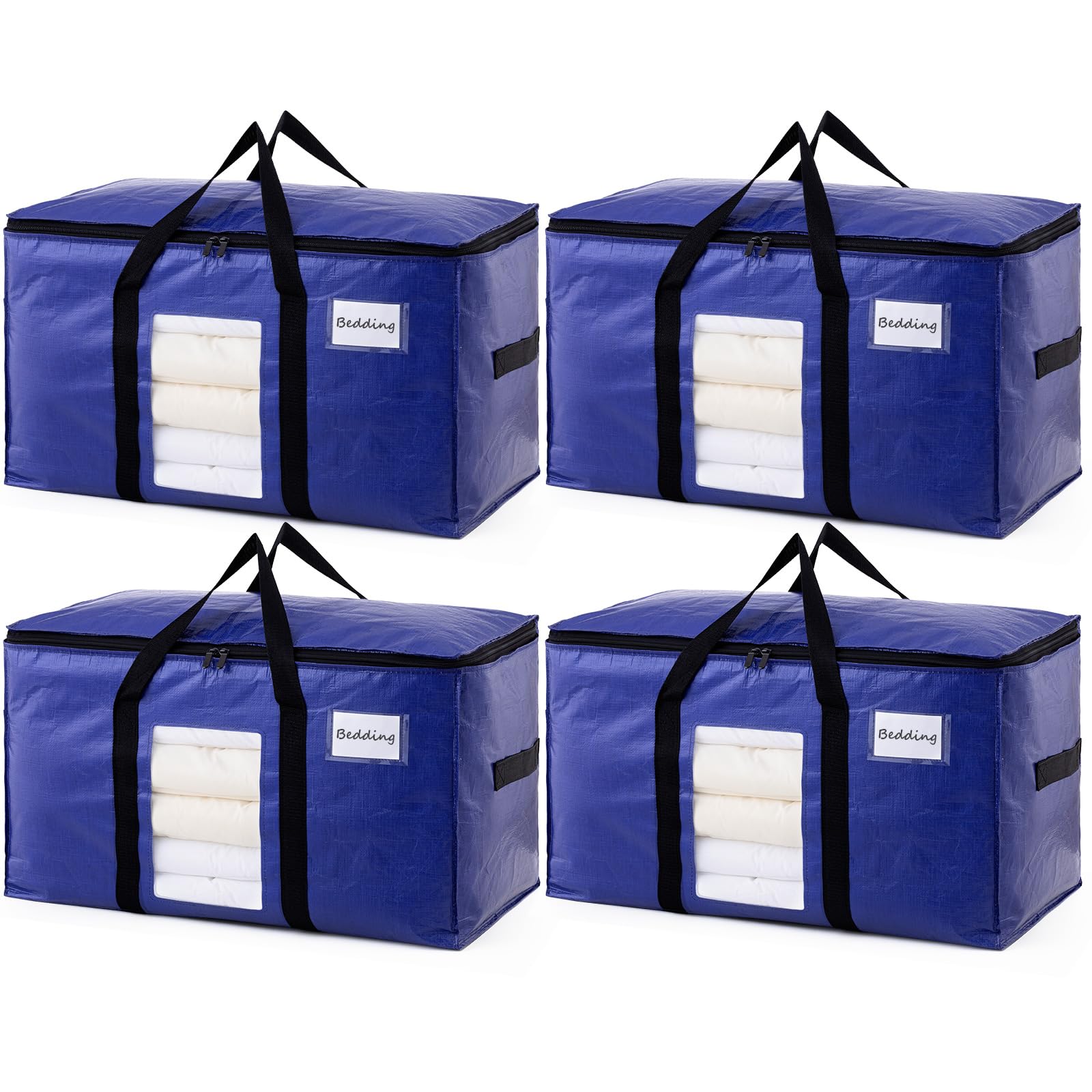 TAILI Moving Bags Extra Large,Clear Window & Reinforced Handles,Heavy Duty Storage Bags with Zips for Clothes,Beddings,Duvets,Moving,Camping,Travel,Loft Storage(4 Pack Deep blue)