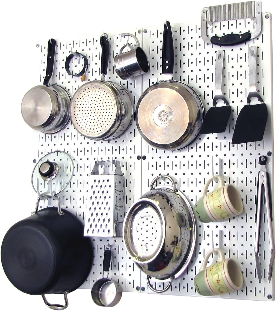 Wall Control Kitchen Pegboard Organizer Pots and Pans Storage Rack Organization Kit with White Pegboard and White Accessories