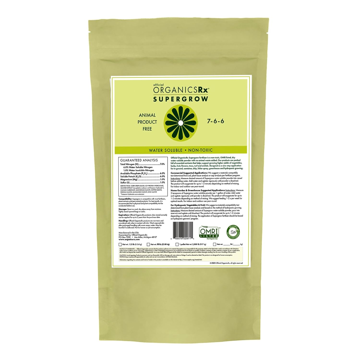Official OrganicsRx Supergrow 7-6-6 Fertilizer Powder for Plants/Gardening, 1.25lb - Water-Soluble Powder, Grow Bigger Yields - Ideal for All Vegetables, Fruits, Flowers, or Trees