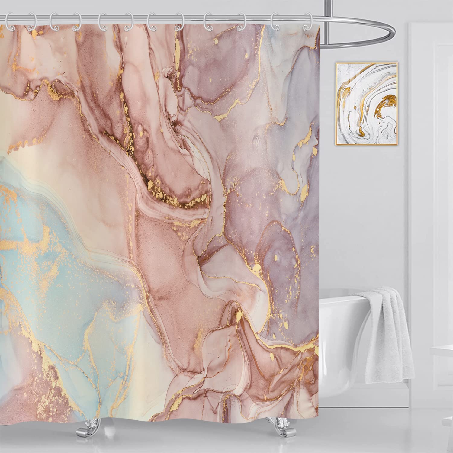 ASDCXZ Shower Curtain Marble 180x240 cm, Modern Abstract Gold Orange Purple Marble Optic Texture Washable Fabric Shower Curtains Polyester Textile Waterproof Shower Curtain for Bathtub with 12 Hooks — image 1