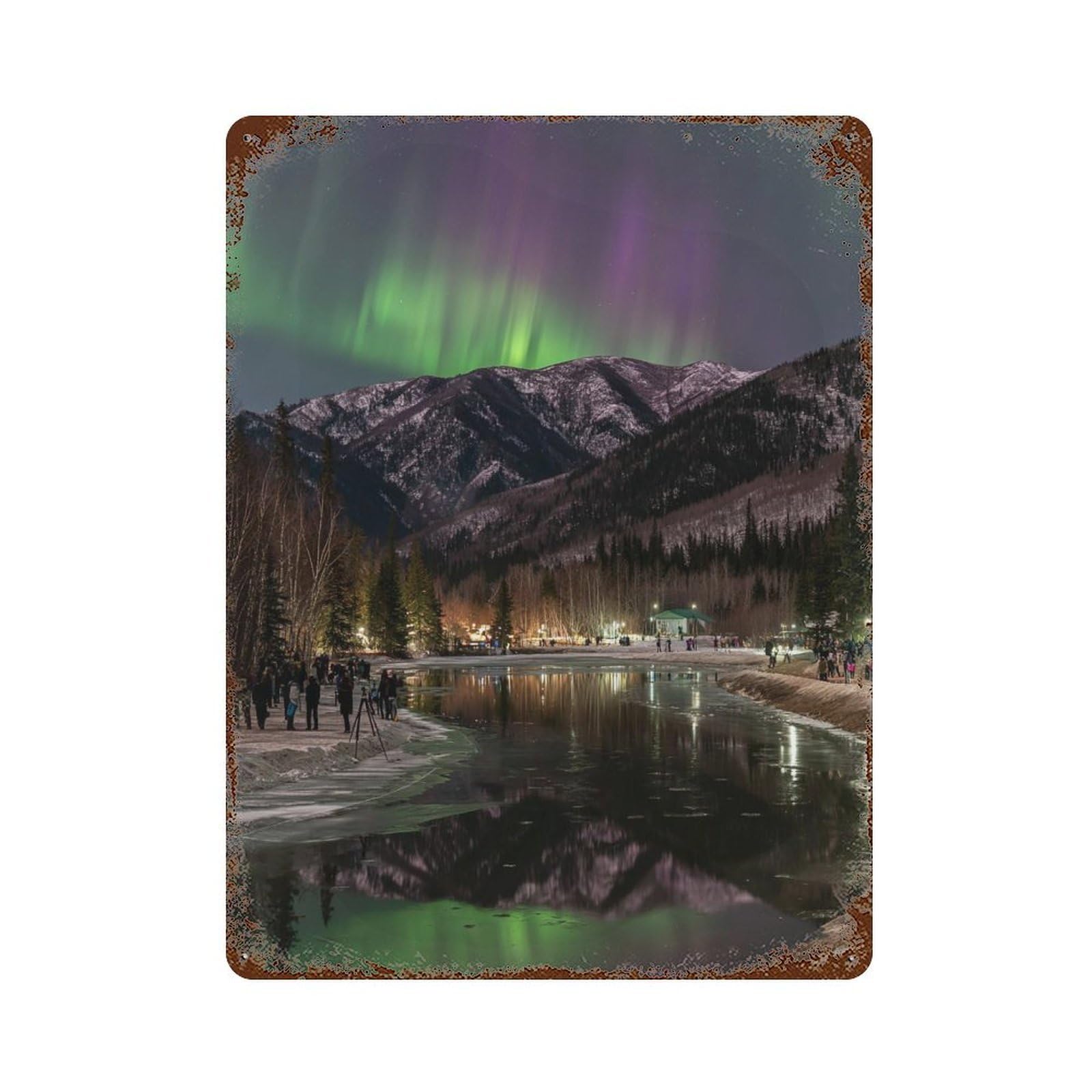 Northern Lights Reflection in Lake Rust Effect Tin Sign 15.7"x11.8", Industrial Home Decor for Cafe, Home Bar And Lounge Decor