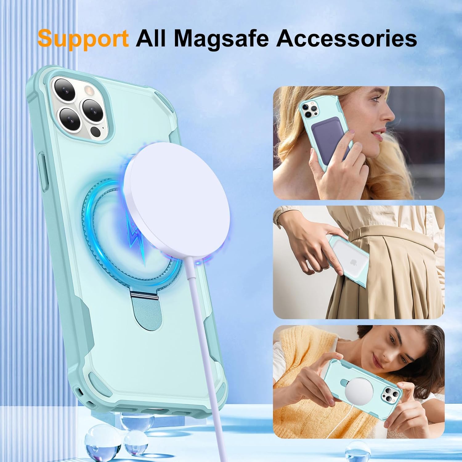 Compatible with iPhone 12 Case & iPhone 12 Pro Case with Invisible Magnetic Kickstand [Compatible with MagSafe] [10-FT Military Drop Protection] Hard Back Soft Edge 6.1 Inch, Blue