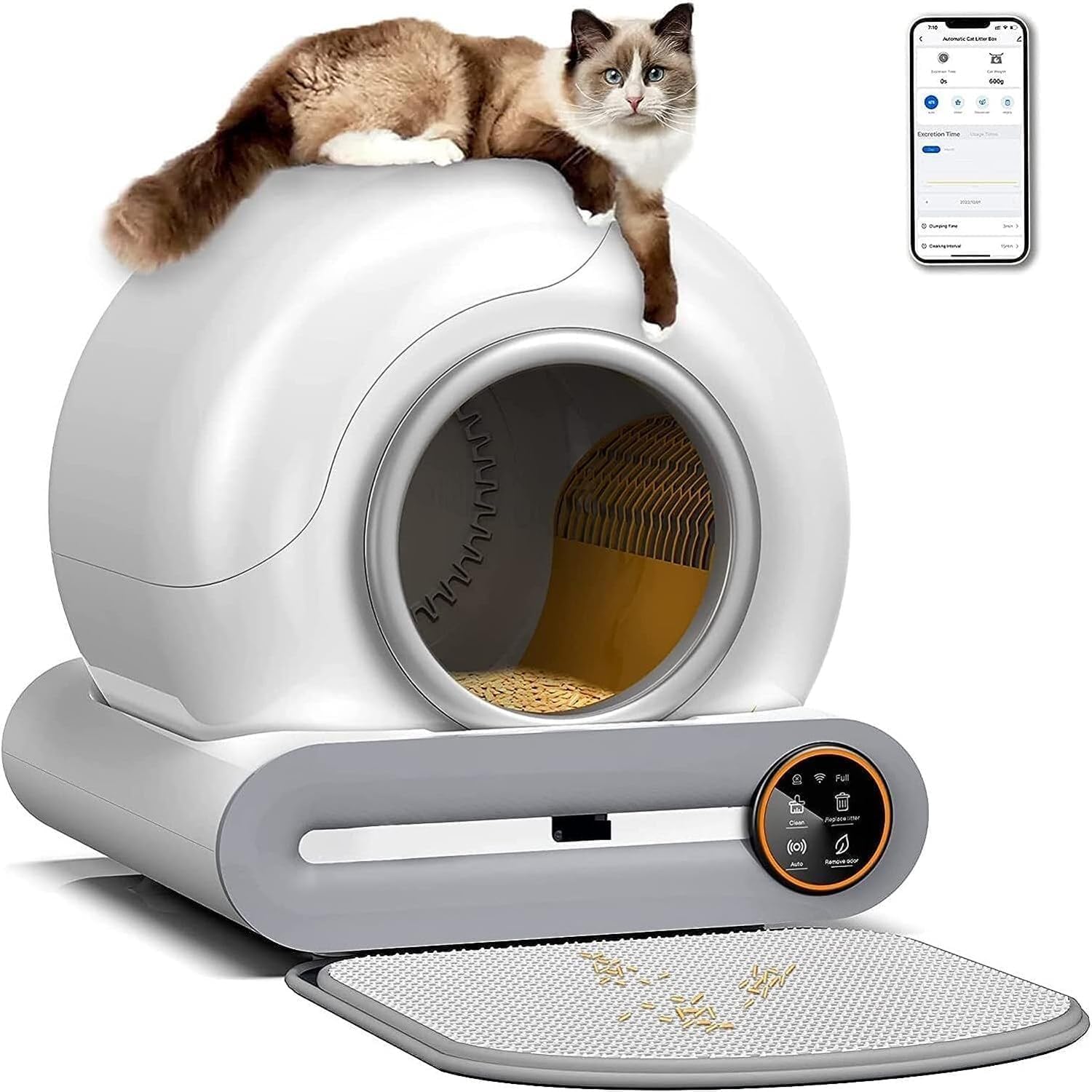 Lettiera autopulente per gatti, controllo automatico tramite app, design salvaspazio, monitor sanitario/65 L + 9 L, grande capacità con tappetino