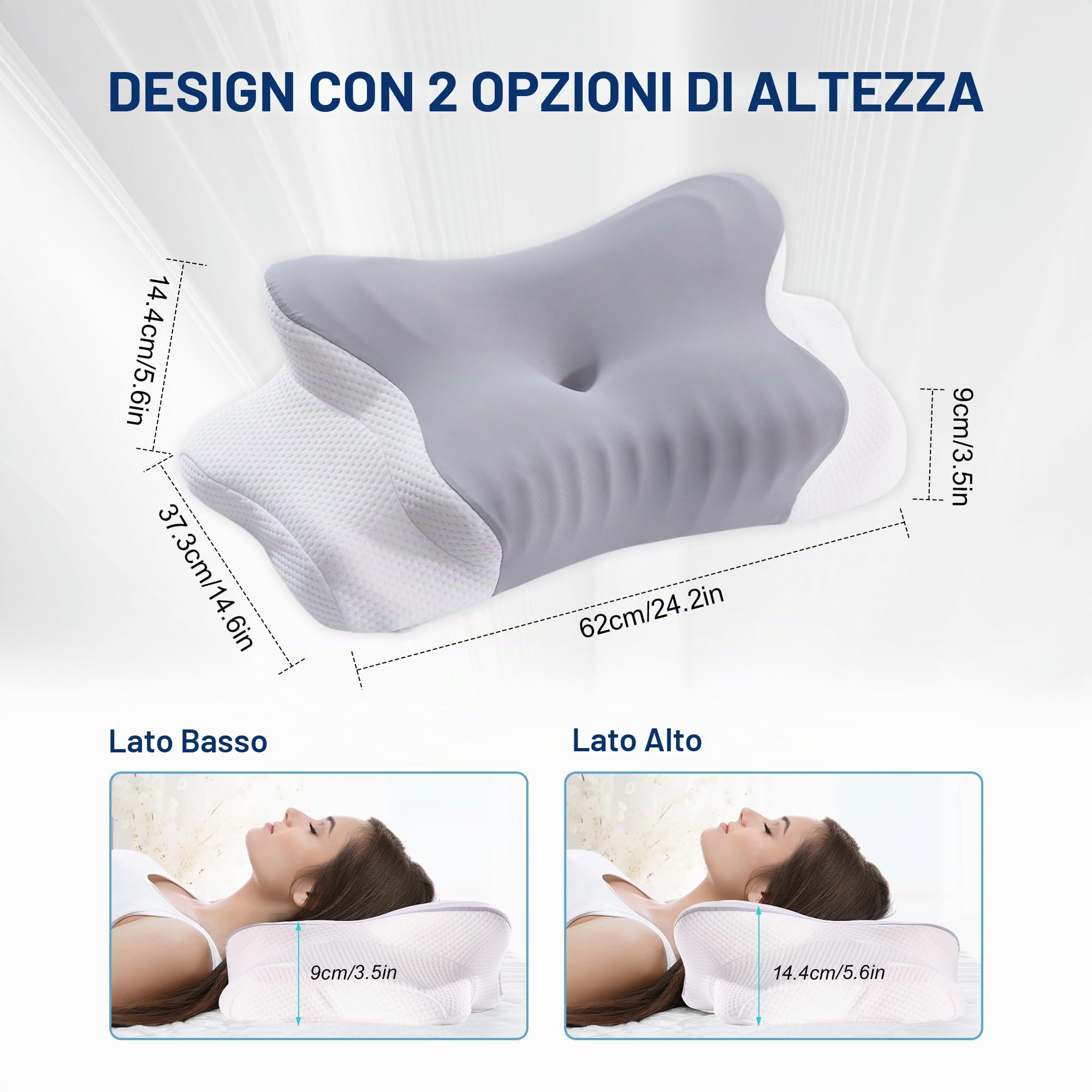 YunNasi Cuscino Cervicale, 2 in 1 Cuscino Ergonomico in Memory Foam,Supporto per Dormire su Schiena, Fianco e Pancia,con Federa Sfoderabile e Lavabile 62 * 37.3 * 14.4/9cm