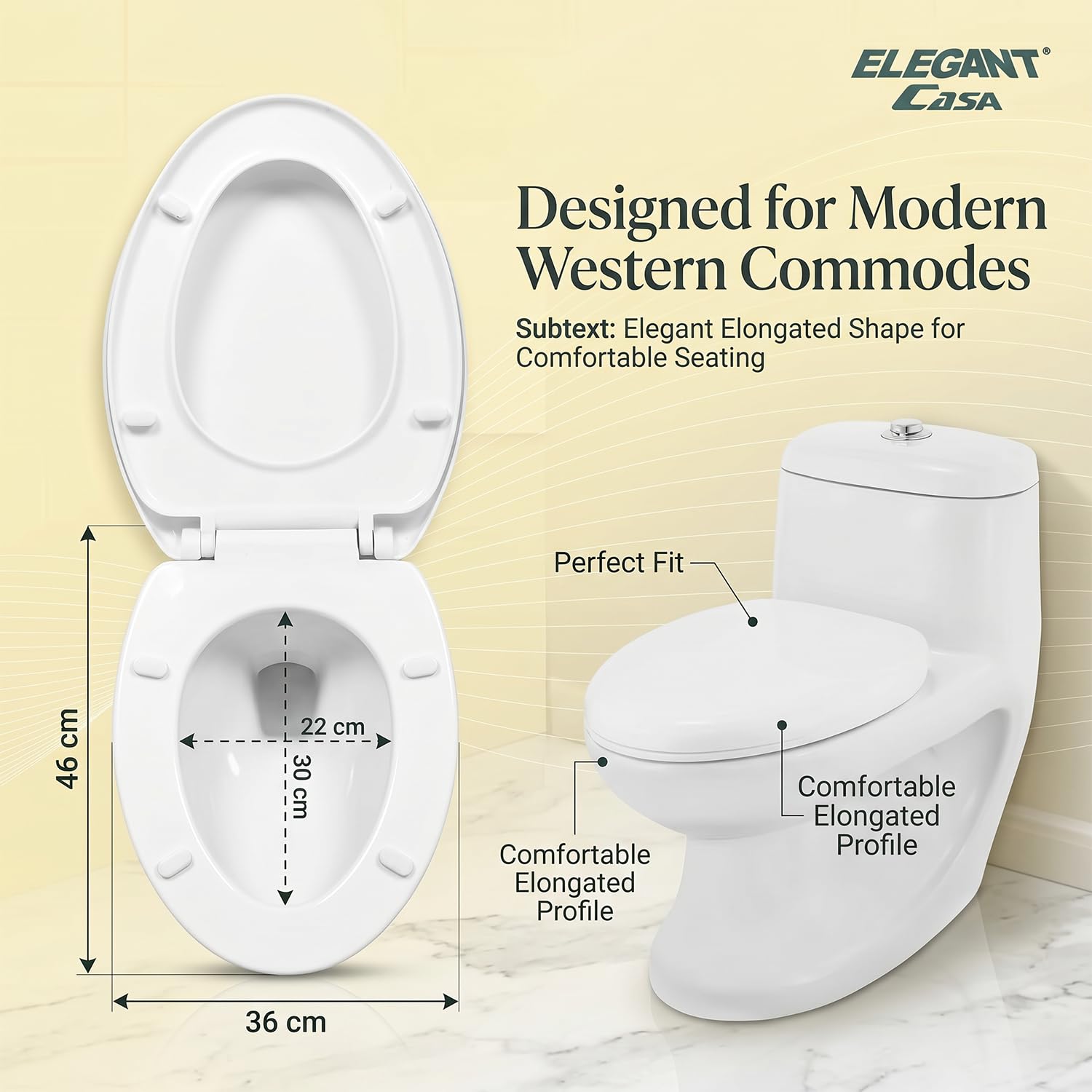 ELEGANT CASA Polypropylene Soft Closing Western Toilet Seat Cover with Stable Hinges - Elongated Shape Design Glossy White Size 46x36 Cm - 1 Set 4