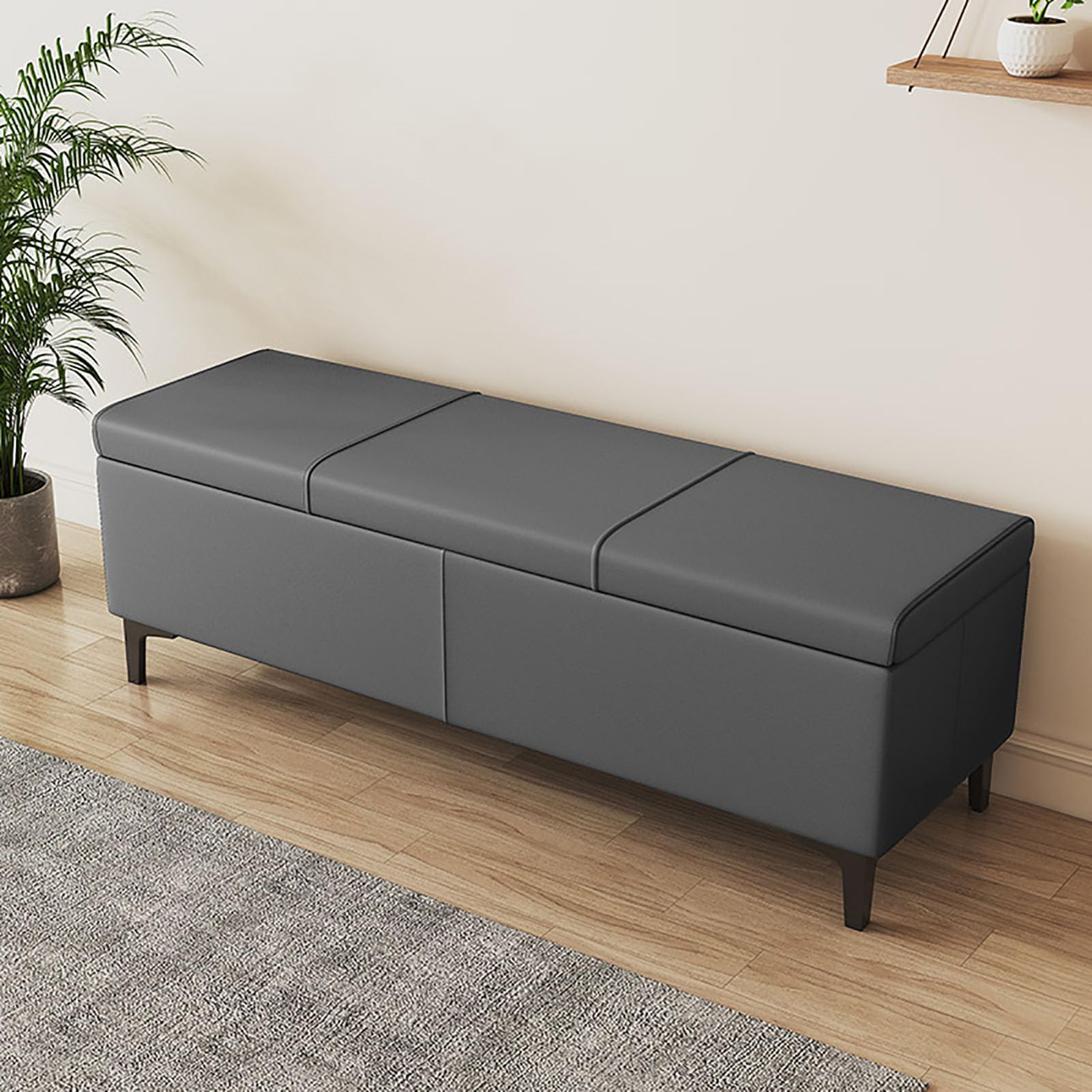 Banc d'entrée pour ranger les chaussures coffre ottoman cuir gris 119cm