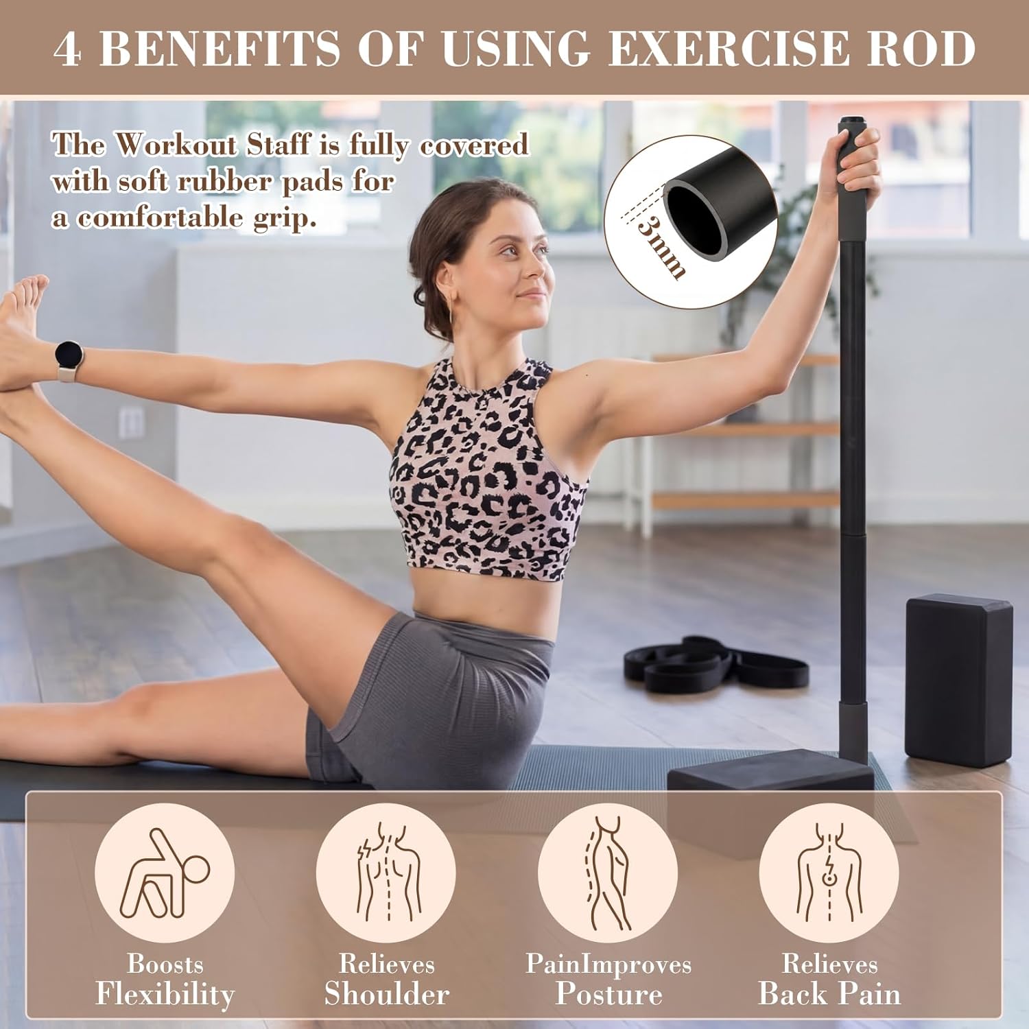 4 Pcs Yoga Stick with Exercise Strap Yoga Blocks Exercise Rod Workout Staff 58 Inch Sturdy Carbon Steel Stretching Stick Adjustable Rod with Non Slip Ends for Physical Pilates