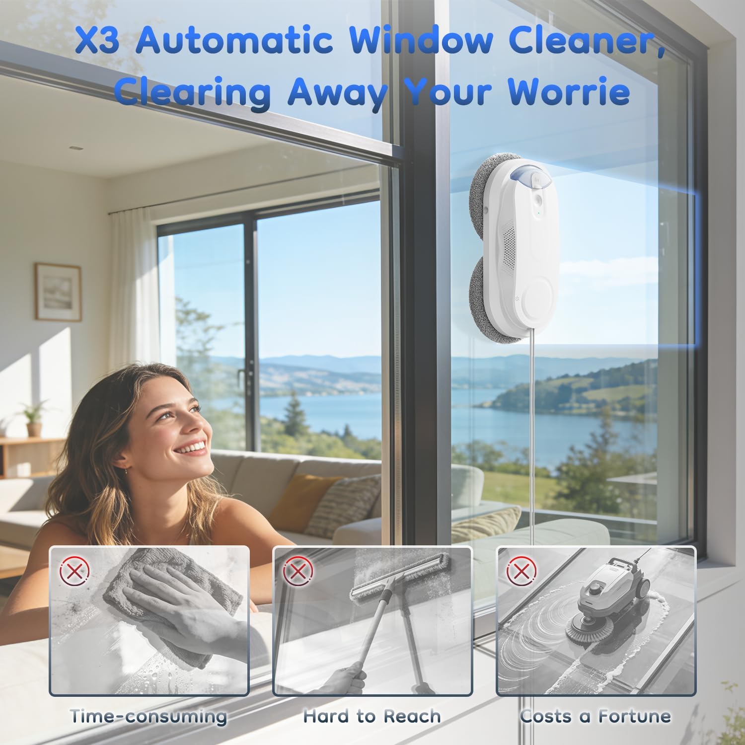 Obito X3 Window Cleaning Robot, Dual Nozzles with Ultrasonic Spray, 5.0 AI Path Planning, Max 3200Pa & Steady-Climbing System, Automatic Edge Detection, Robot Window Cleaner Inside/Outside, White