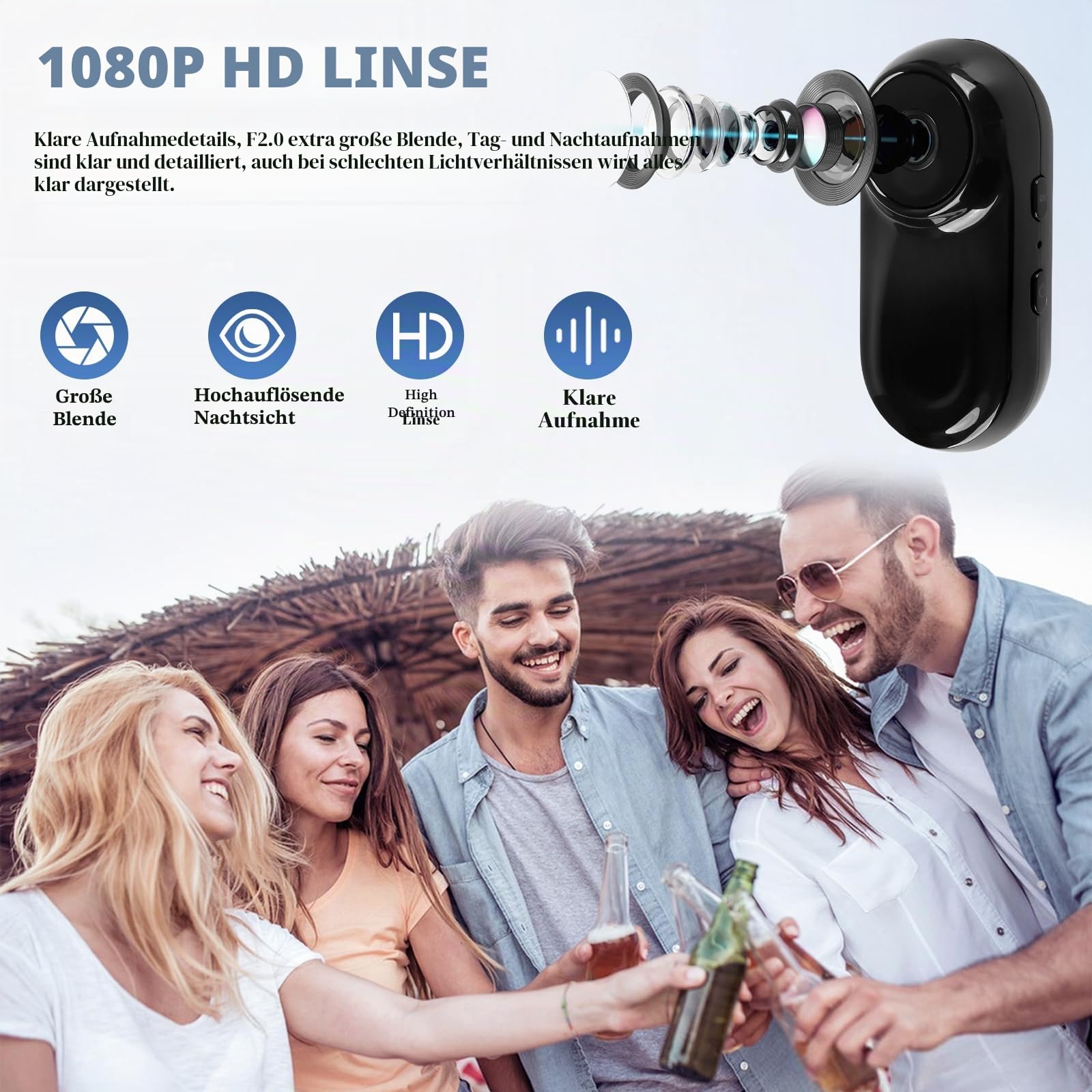 Mini Action Kamera 1080P HD Tragbare Vlogging Kamera mit 130°/F2.0 Weitwinkel Tragbare Camcorder mit Audio für Vlog, Reisen und Sport