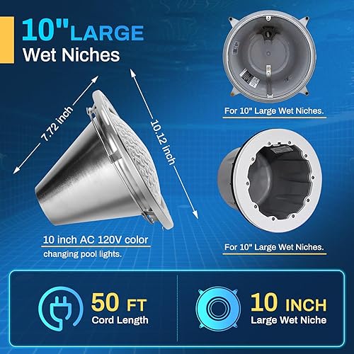 Miniatura 2 de SH101300 Luces LED de piscina de 10 pulgadas para piscinas enterradas, luz LED de piscina de 50 pies para nicho húmedo de 10 pulgadas, luz de