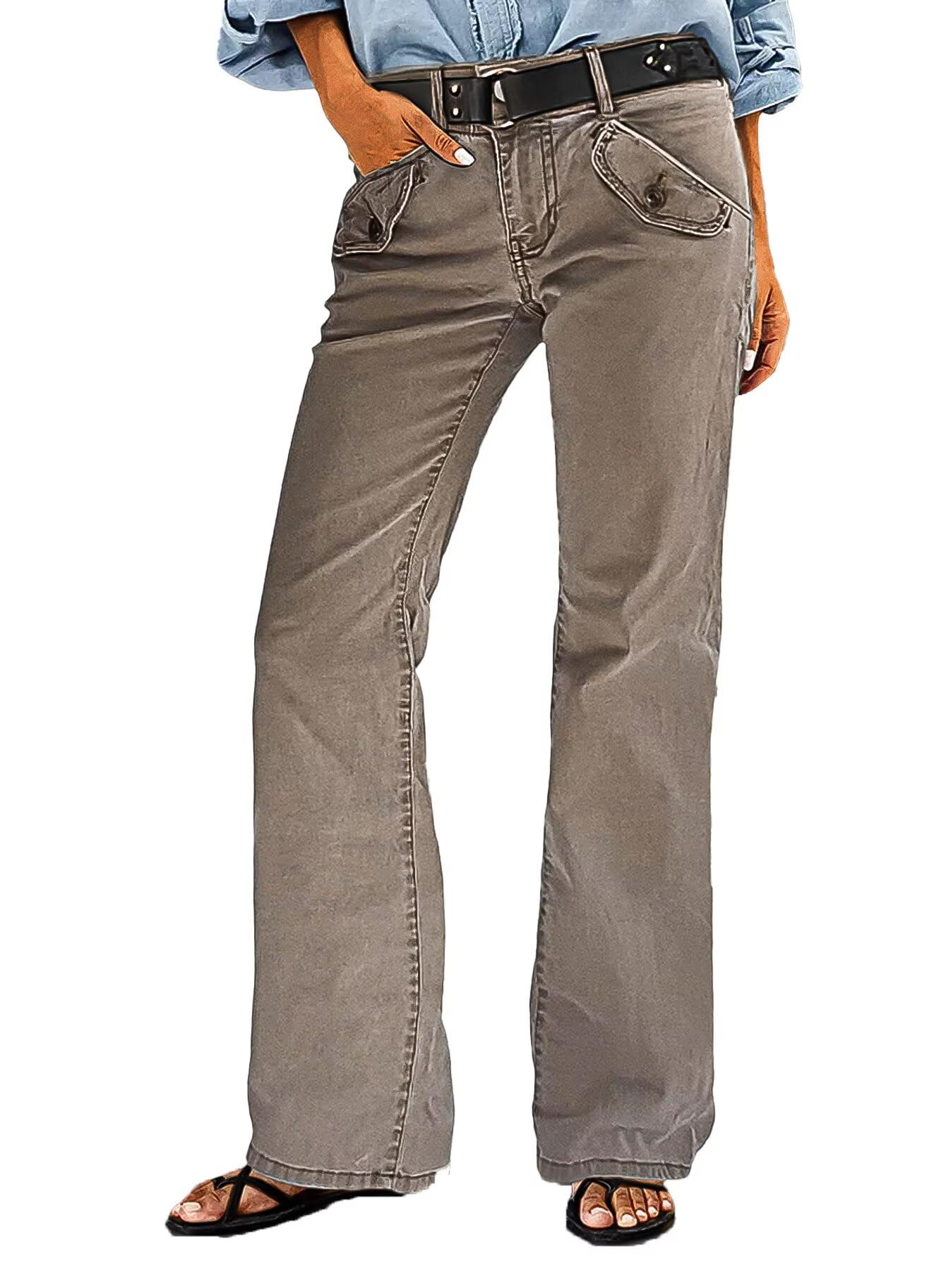 Flamingals Straight Leg Mid Waist Solid Casual Pants for Women Without Belt