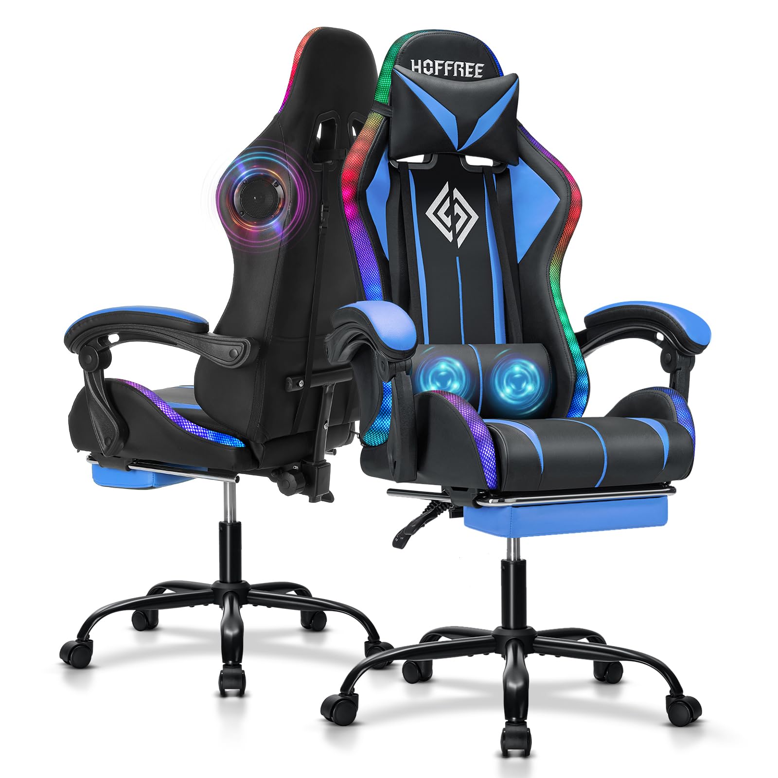 Gaming Chair with Bluetooth Speakers and RGB LED Lights Ergonomic Massage Video Game Chair with Footrest High Back with Lumbar Support Blue and Black