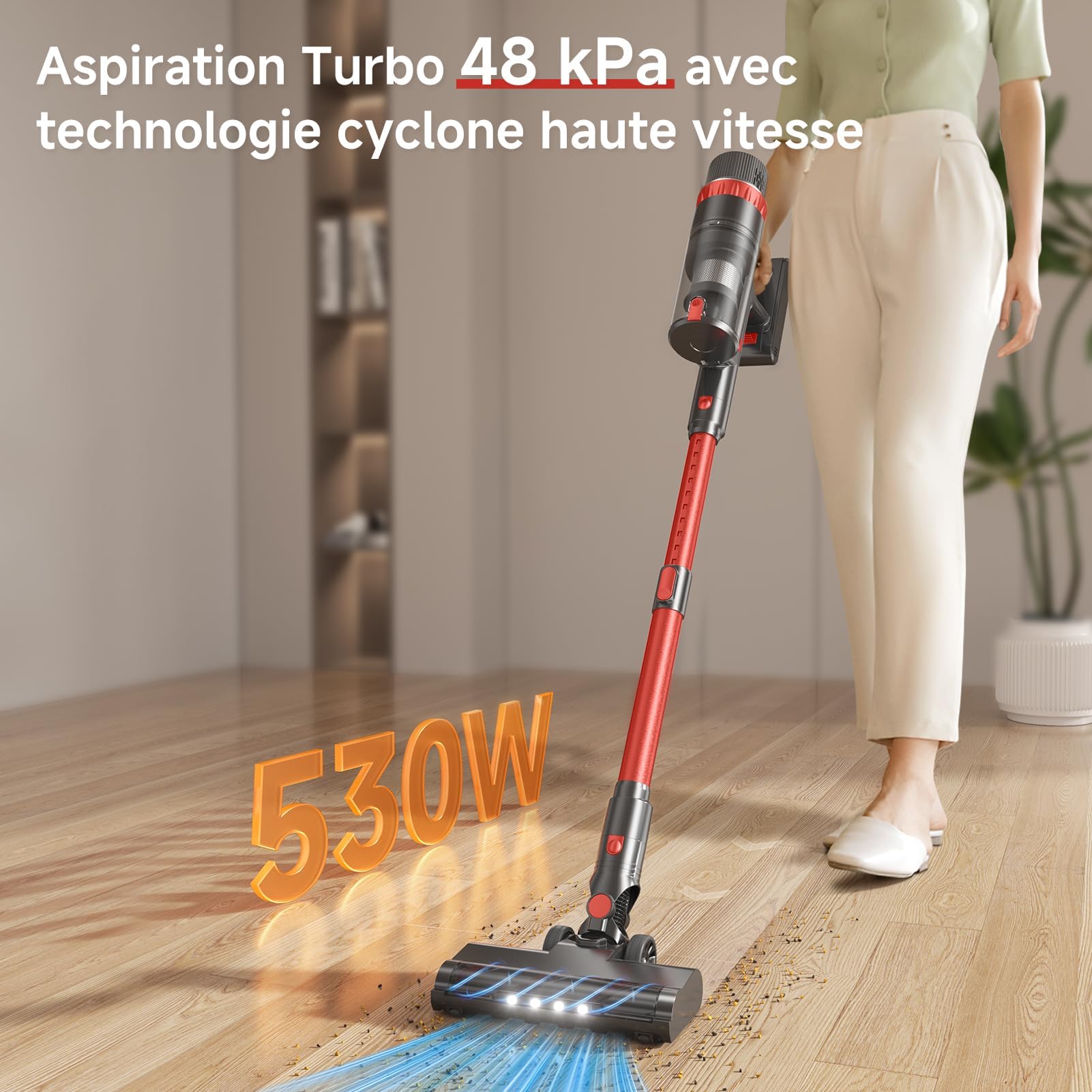 Aspiradora sin Cable 48KPa/530W/70Min, Pantalla Táctil LED, Cepillo Anti-Enredo Mejorado, 1.5L Aspirador Escoba Vertical Autoportante, Ideal para Suelos Duros, Alfombras y Pelos de Mascotas