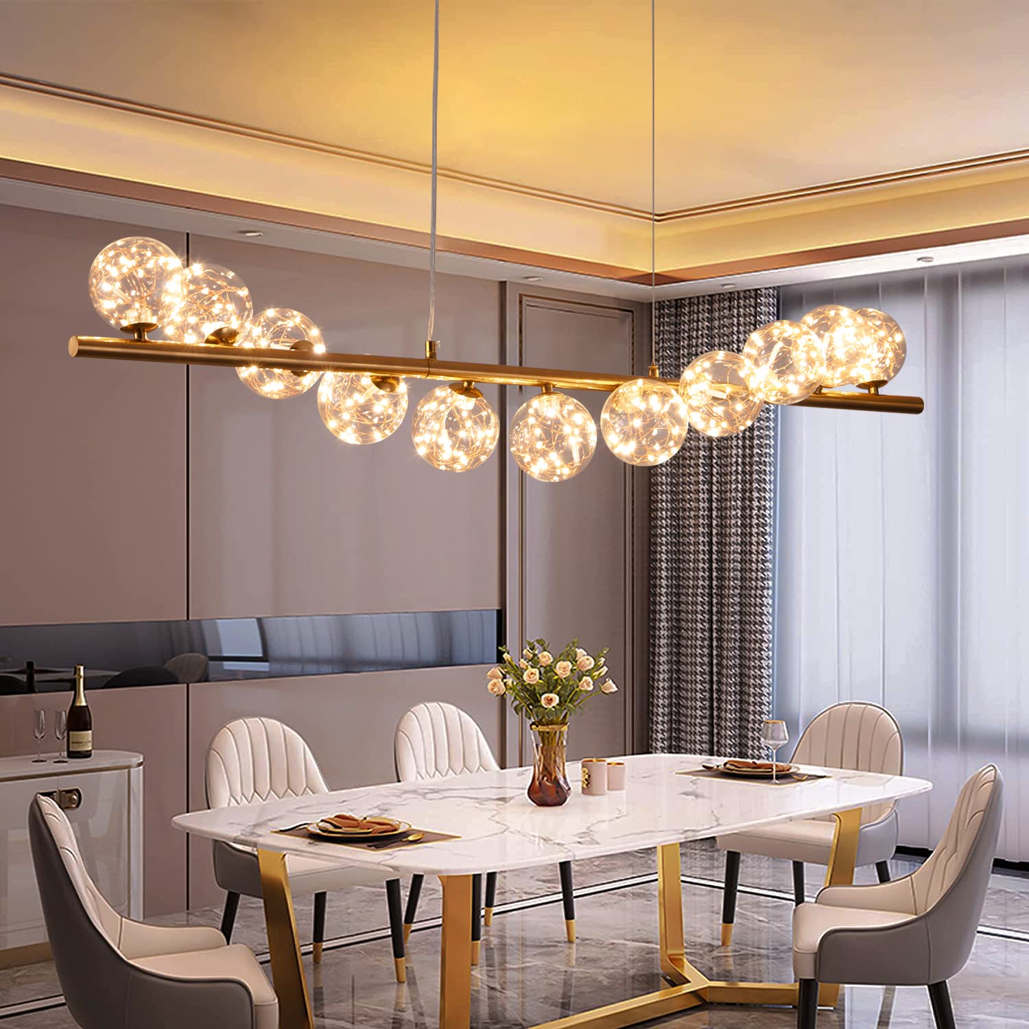 REIUYTHO Glass Ball LED Chandelier,Modern Pendant Lighting Ceiling，Dining Room Chandelier，Kitchen Island Pendant Light， Adjustable Hanging Light Fixture for Dining Room Living Room Kitchen（Gold）