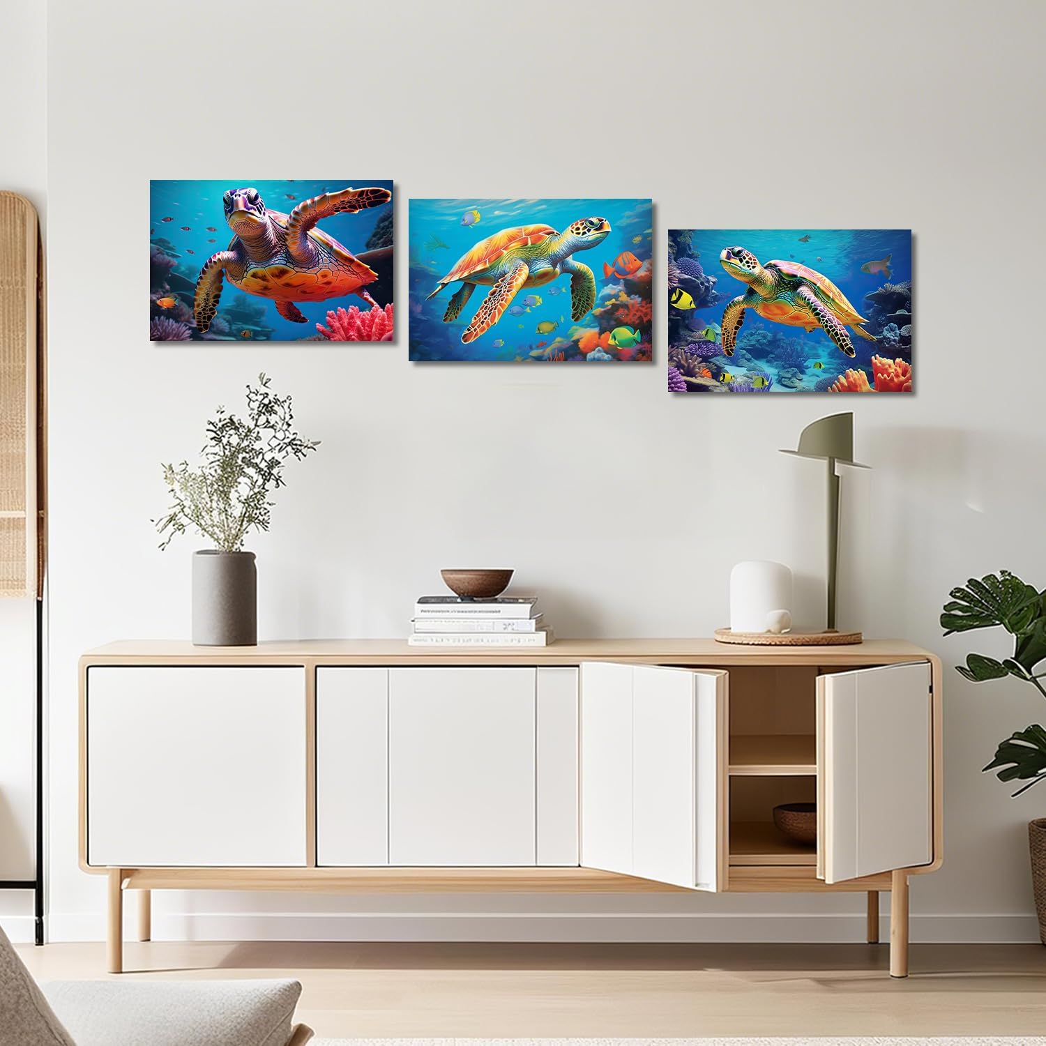 LYUNSHUO 3 Piece Ocean Turtle Canvas Wall Art Sea Creature Picture Bathroom Wall Decor Blue Coastal Painting Artwork for Modern Home Bedroom Kitchen Living Room Decor Framed(Art-2,11.00"x14.00"x3P)
