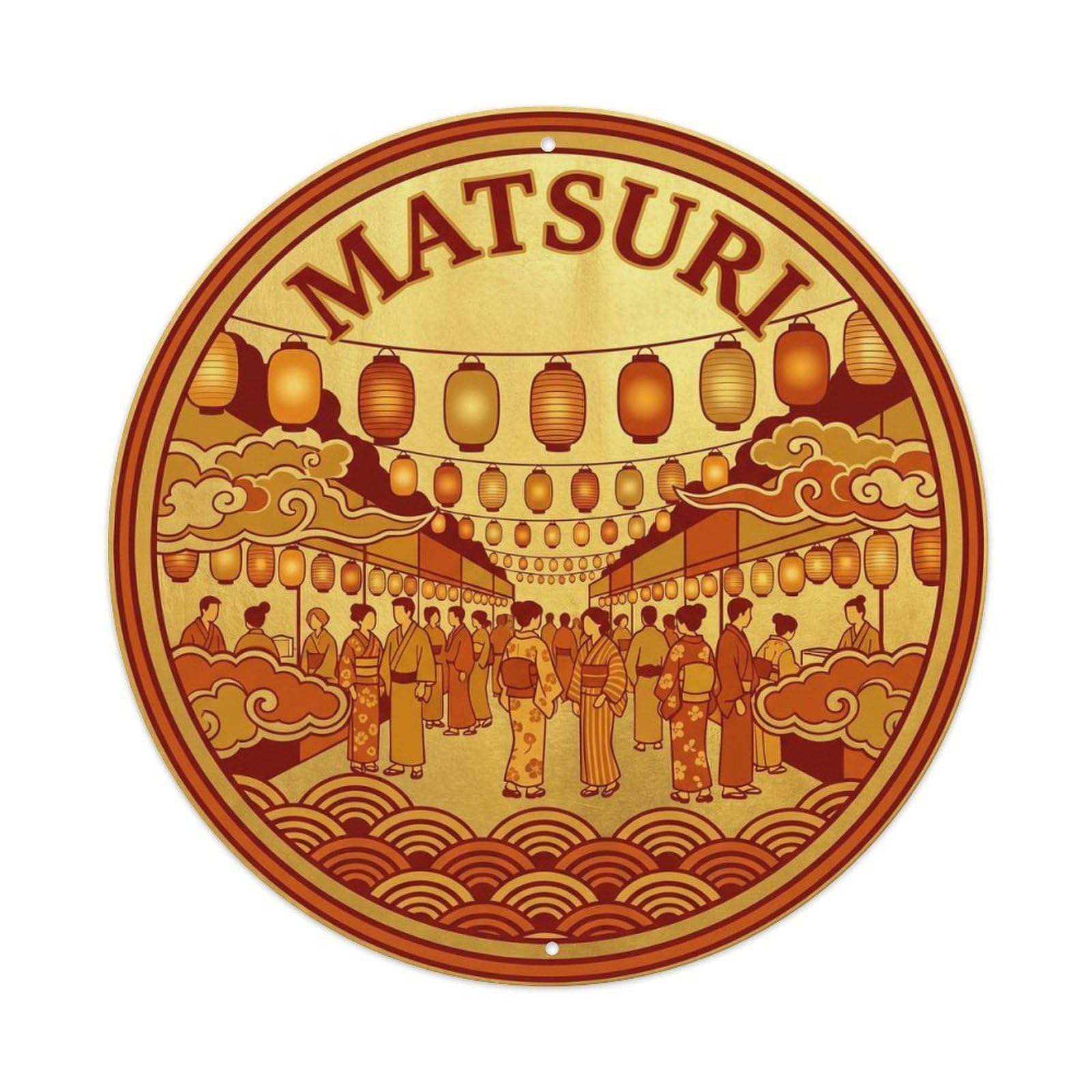 Olyhtr 8X8inch Classic Style Matsuri Lantern Rinpa Gold Orange Japan Festival Metal Tin Sign