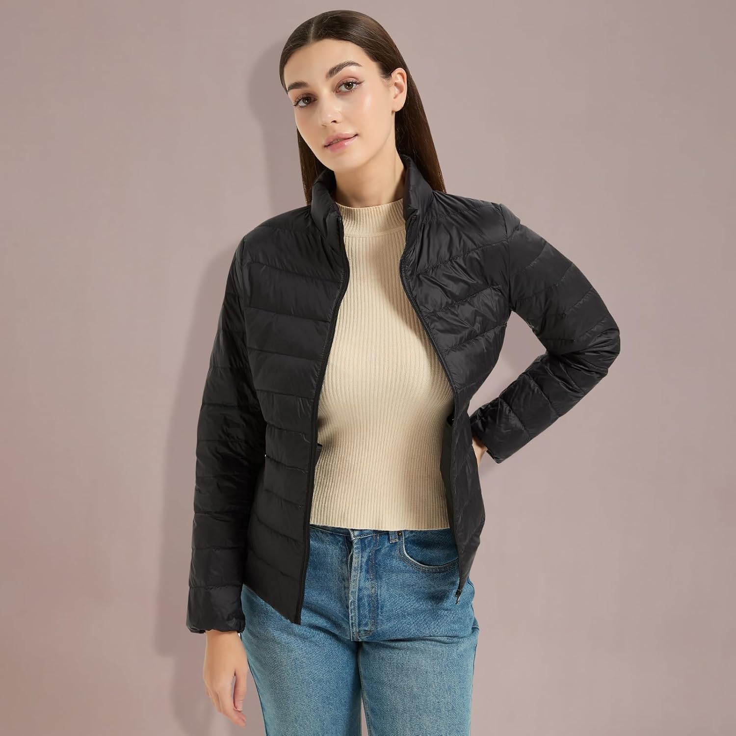 Women's Quilted Lightwight Puffer Jacket, Down Jacket Coats with Pockets, Portable Winter Coat with Storage Bag - Image 6