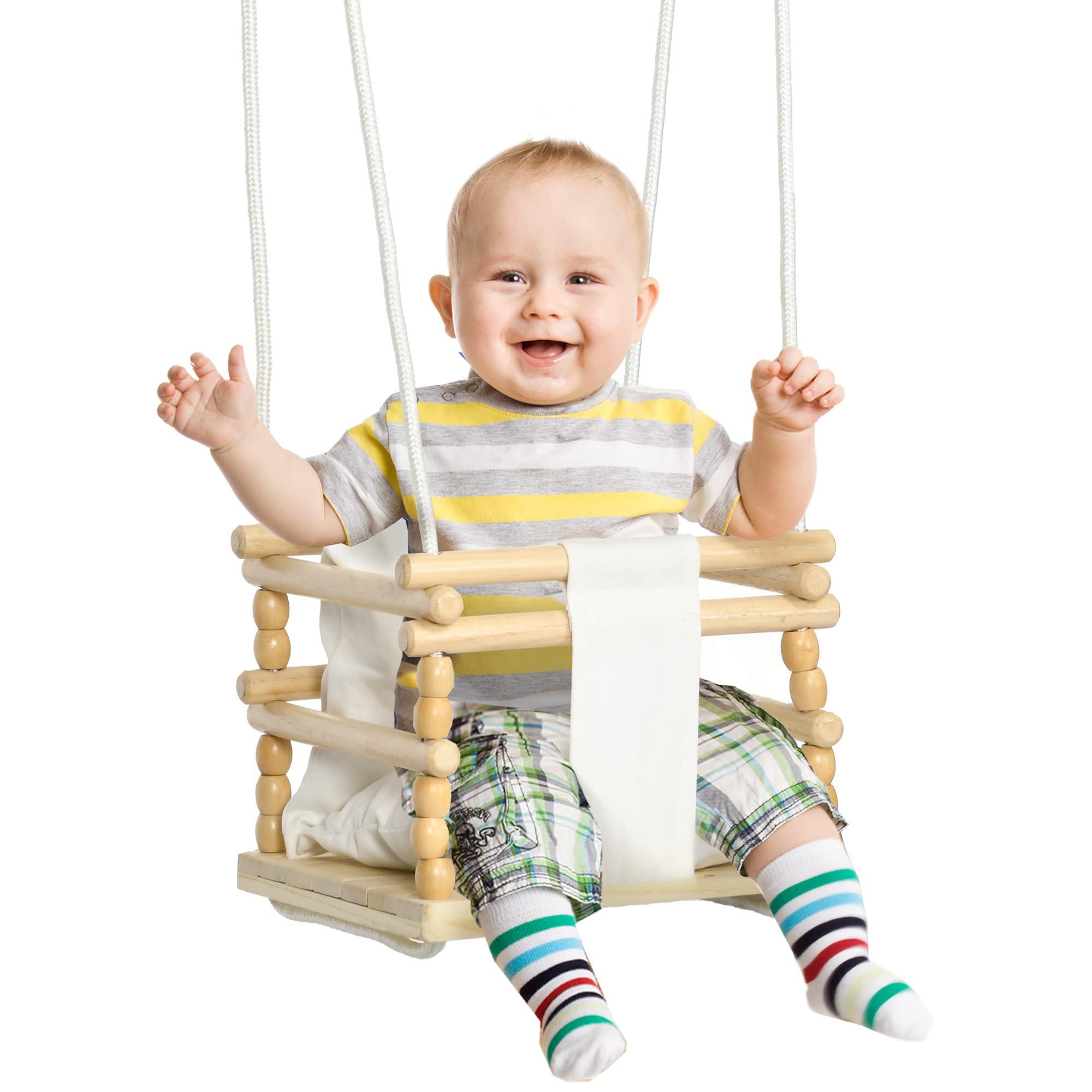 AIYAPLAY Altalena per Bambini 9-36 Mesi in Legno e Cotone per Interni ed Esterni con Corda Regolabile e Cuscino Rimovibile, 30x30x110-180 cm, Color Legno e Bianco