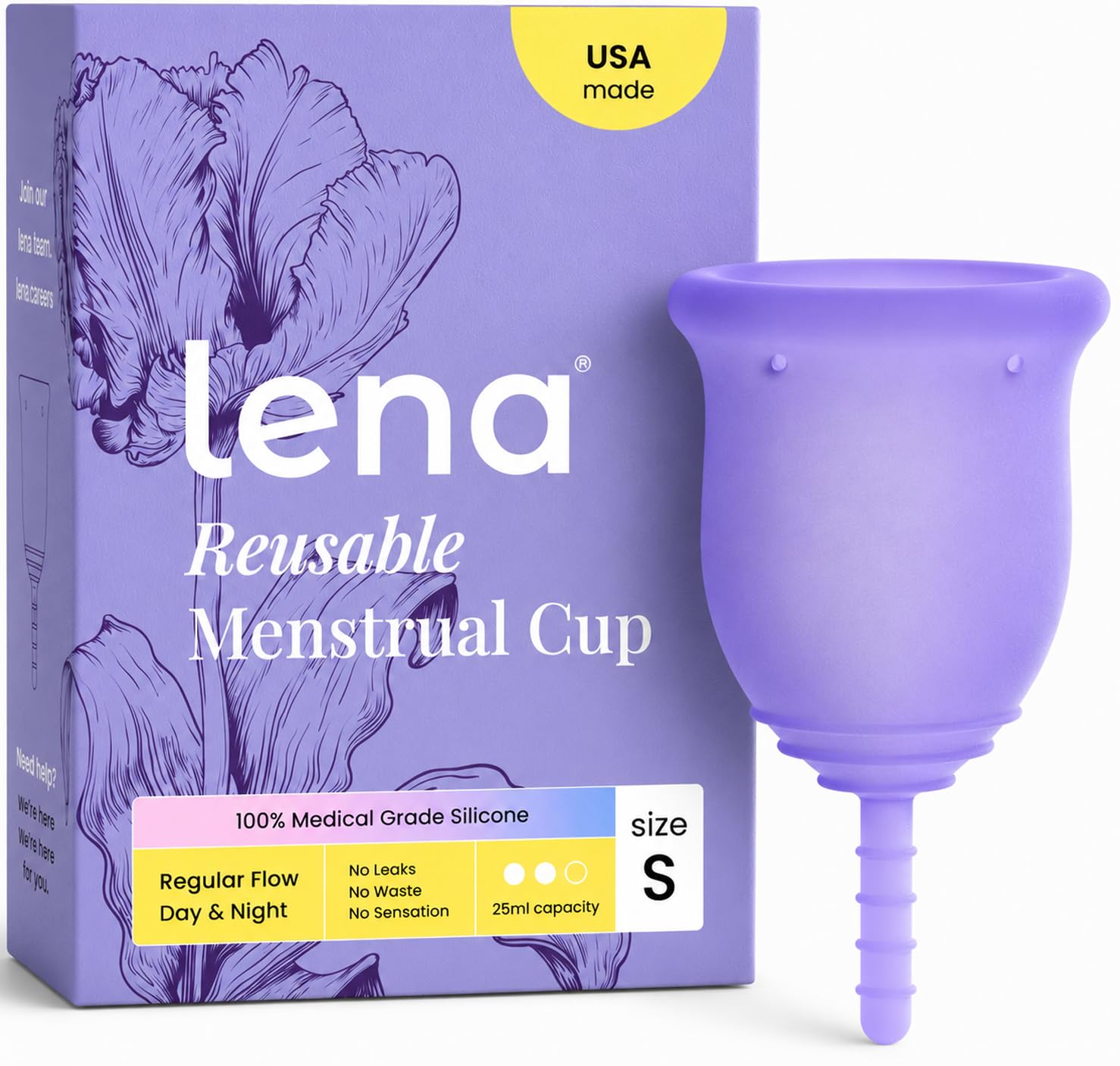 Lena Cup - Copa Menstrual - Hecha en EE.UU. - Alternativa a tampón y compresa/toalla - Para Principiantes - Pequeña - Morada
