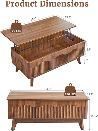 Miniatura 3 de BERRYMERRY Mesa de centro elevable con almacenamiento oculto, mesa de centro acanalada de granja con perfil ondulado, mesa central rectangular con