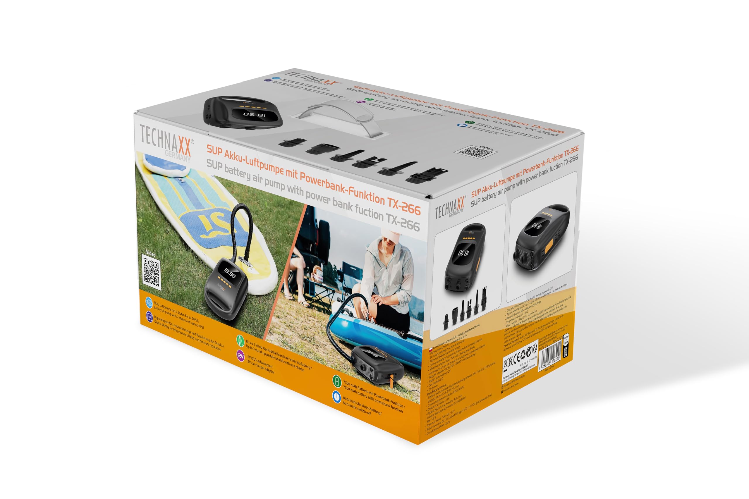 Technaxx SUP Pumpe Elektrisch Akku 20 PSI, Kabellose Luftpumpe für Stand Up Paddle Board, Kajak, Schlauchboot & Luftzelt, Digitaldisplay, Auto-Off, 7500 mAh Powerbank, 6 Düsen - TX-266