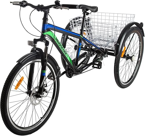 H&ZT Triciclos de montaña para adultos, 24"26"27.5", triciclos resistentes de 7 velocidades con cesta espaciosa bicicleta de 3 ruedas para paseos