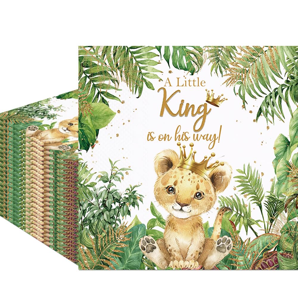 Fitumiw 80Pcs Lion Baby Shower Paper Napkins A Little King is On His Way Disposable Napkins Safari Jungle Lion Printed Decorative Napkins for Party
