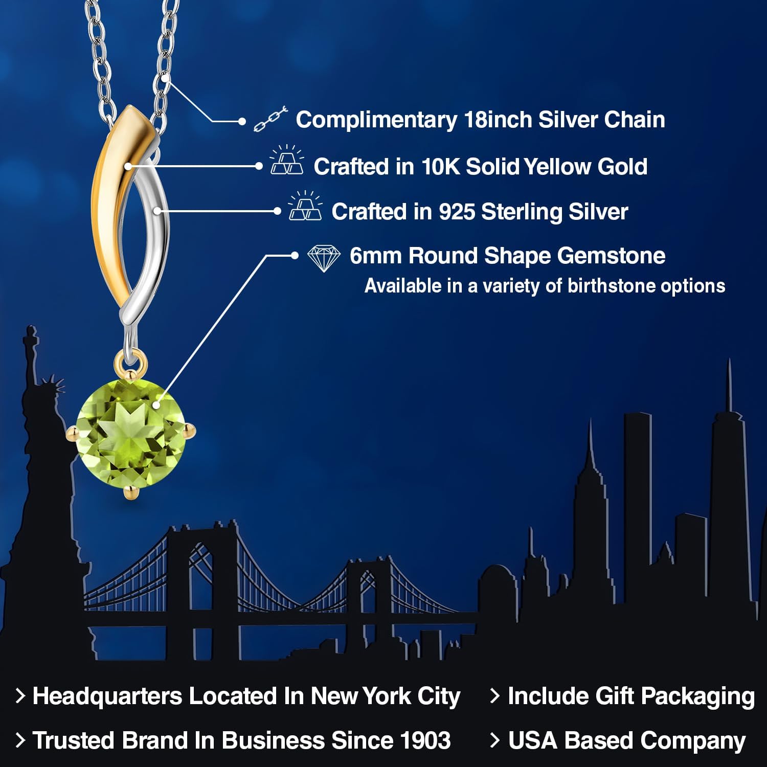 Gem Stone King 925 Silver and 10K Yellow Gold Green Peridot Pendant Necklace for Women | 1.00 Cttw | Gemstone August Birthstone | Round 6MM | With 18 Inch Silver Chain - Image 2