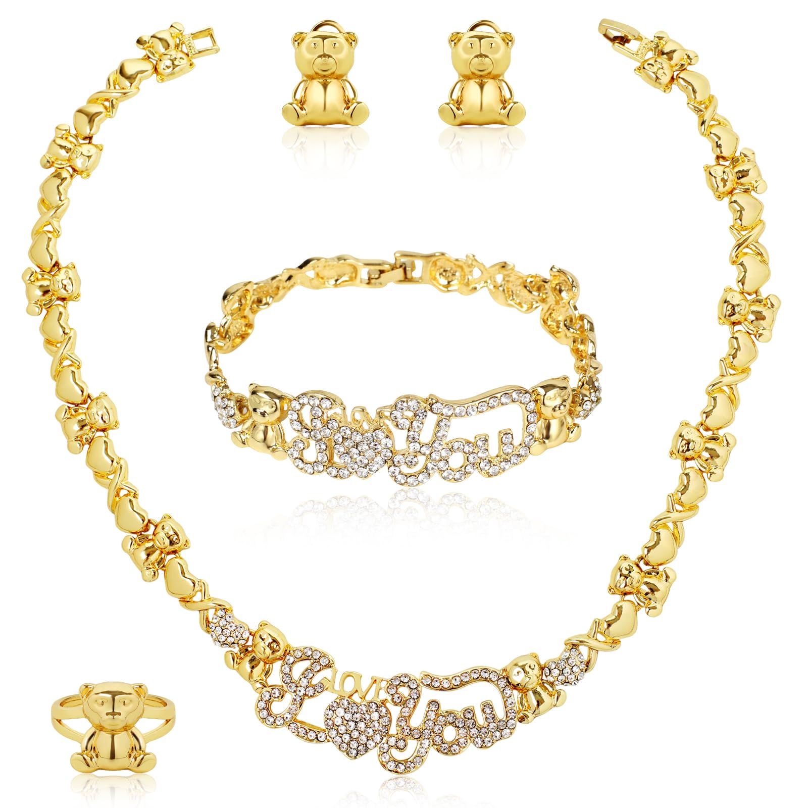 FicllarAfrican Necklace Set Hugs and Kisses Gold Jewelry Sets For Women 18k Gold/Silver Filled LOVE Necklaces Jewelry Sets Wedding Jewelry Necklace Earrings Bracelet Ring Gifts