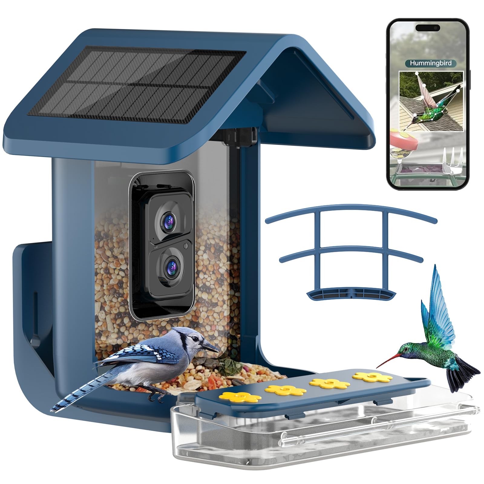 Comedero para pájaros con cámara, cámara alimentadora de colibríes alimentada por energía solar, 1080P para observación de aves con reconocimiento AI, cámara inteligente para amantes de las aves