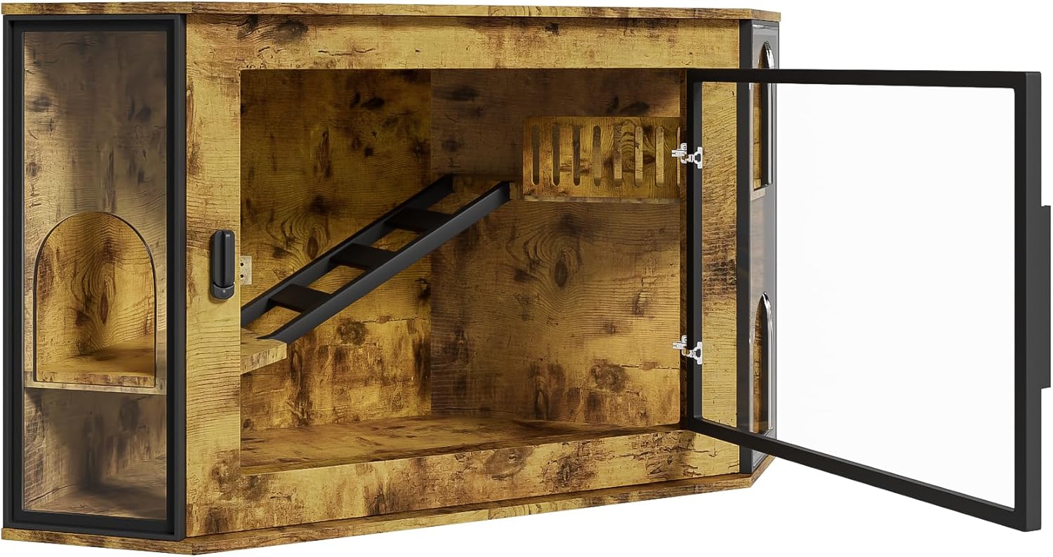 48" Corner Cat Litter Box Enclosure for Small Spaces, Modern Hidden Cat Litter Box Furniture with LED Light & Acrylic Door, Large Cat House with Playground & Stairs (Tiger Wood Grain)