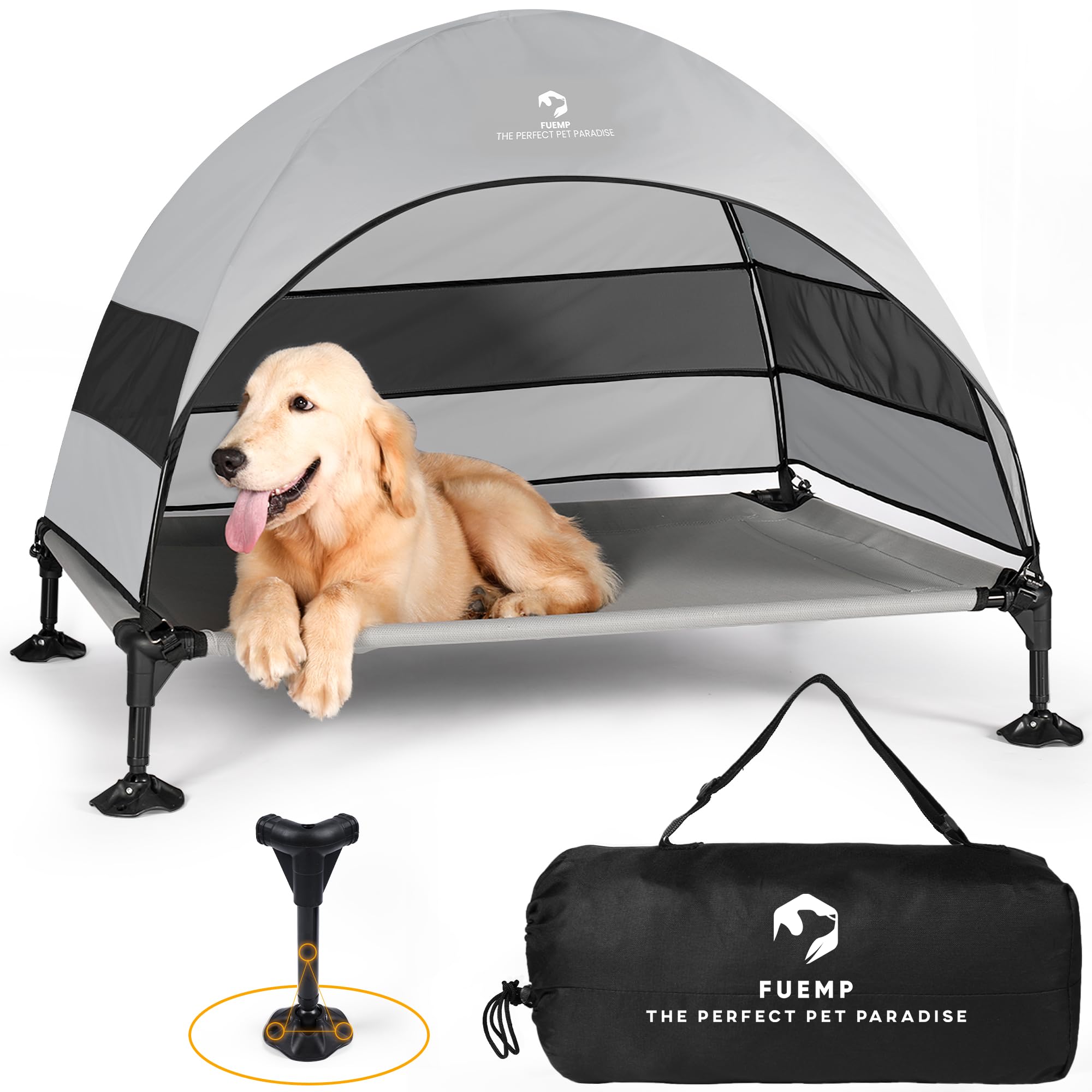 FUEMP Elevated Dog Bed with Canopy |Included Travel Bag| |L Size Portable Dog Bed|Widened Anti Slip Feet & Rain Resistant|Cooling|Elevated|Raised Cot for Large Dogs|Removable Shade