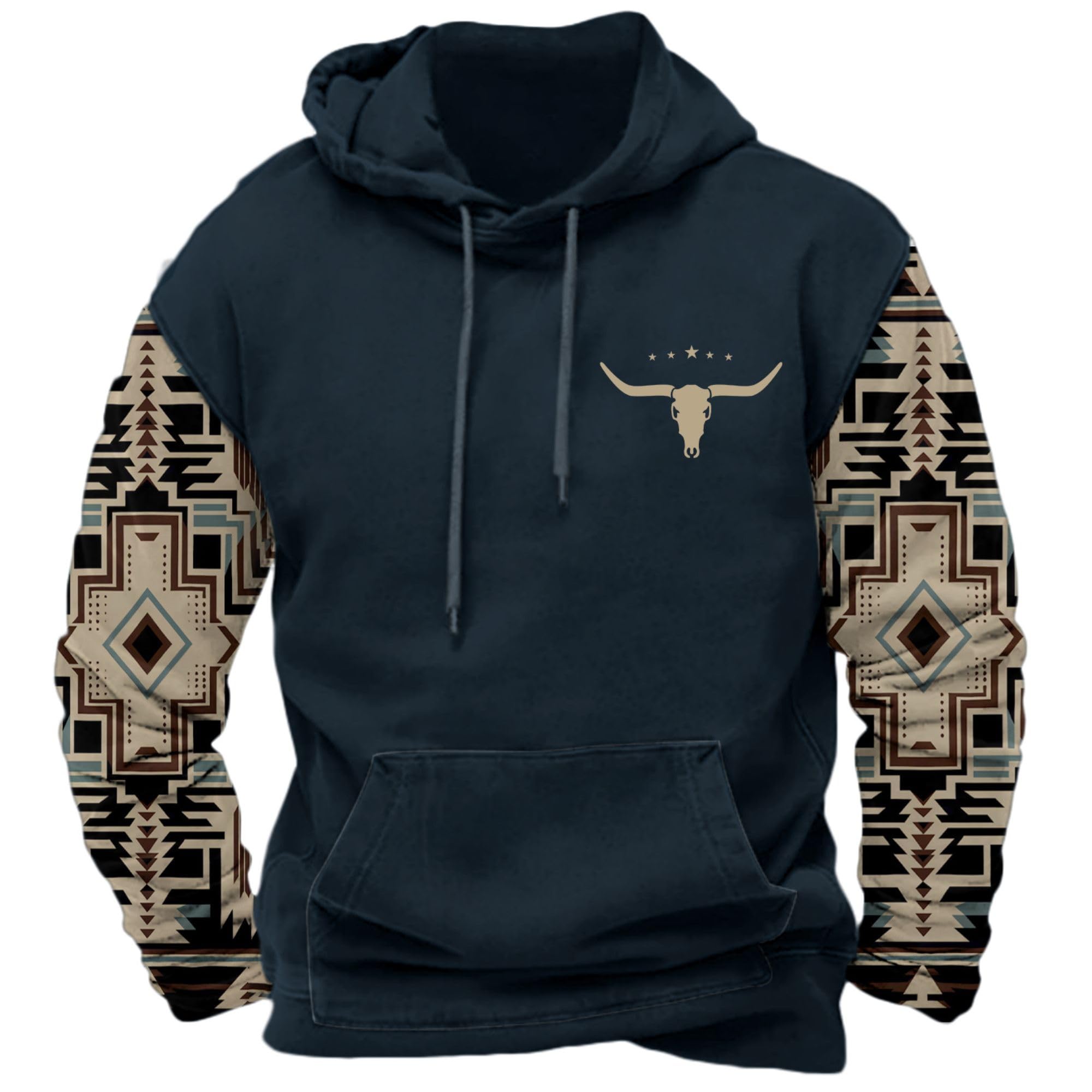 DMOYALA Men's Aztec Cow Skull Hoodie Western Sweatshirt with Hood Vintage Ethnic Tribal Graphic Patchwork Pullvoer