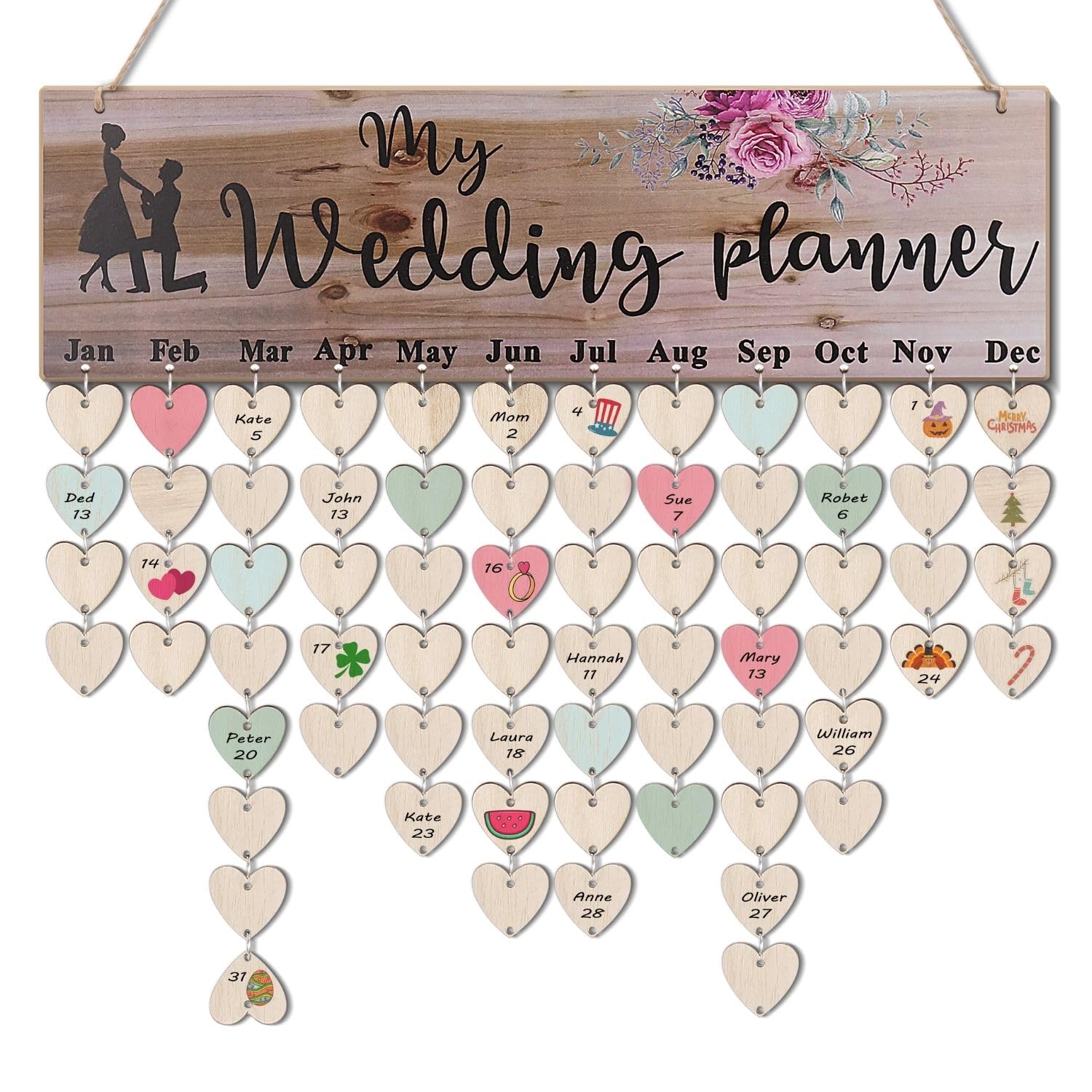 Flexzion Wedding Planner Wedding Reminder Calendar Wooden Board Sign With 50 Tags – Birthday Dates Wall Decor, Wooden Calendar Wall Hanging, Family Birthday Plaque With Tags For Church, Engagement, Anniversary
