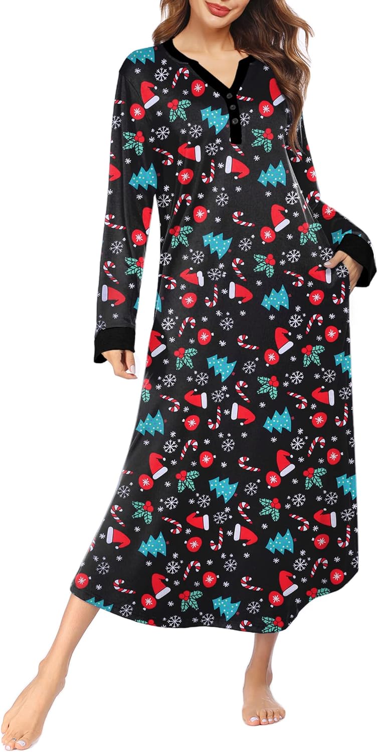 Ekouaer Womens Nightgown Long Loungewear V Neck Nightshirt Sleepwear Full Length Sleepshirt with Pockets