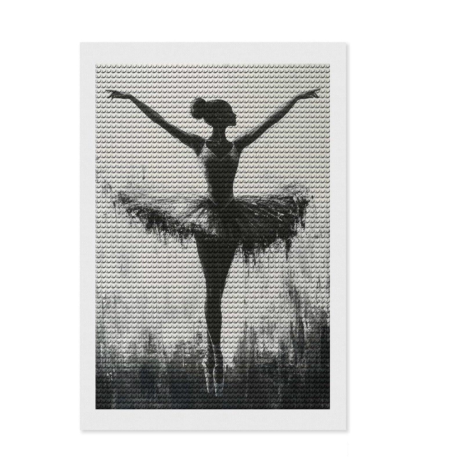 Junmoney Monochrome Ballerina in Elegant Pose Diamond Art Canvas 8"x12", for Women, Sparkling Round Gems, Gift Idea, Boho Decor, Satisfying Creative Project