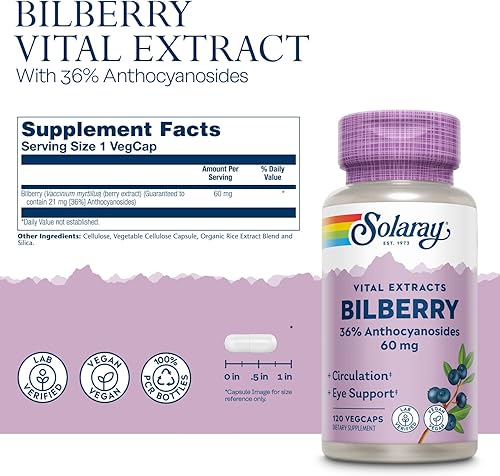 Miniatura 8 de SOLARAY Extracto de bayas de arándano 60 mg Potente antioxidante Apoyo para la visión saludable y la circulación 60 cápsulas vegetales