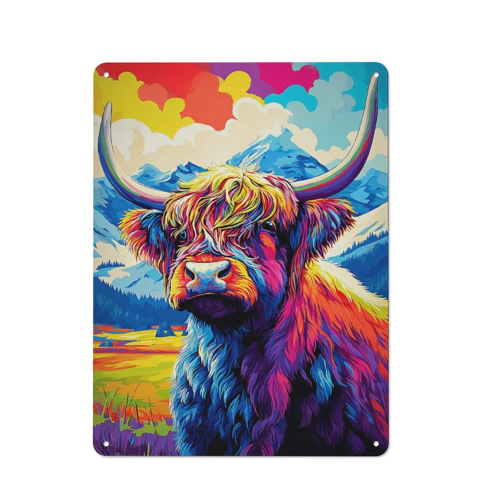 Retro Metal Plaque 40x30cm Featuring Colorful Highland Cow Portrait -2, Bistro Wall Plaque for Bakery, Diner, Cafe Or Family Room