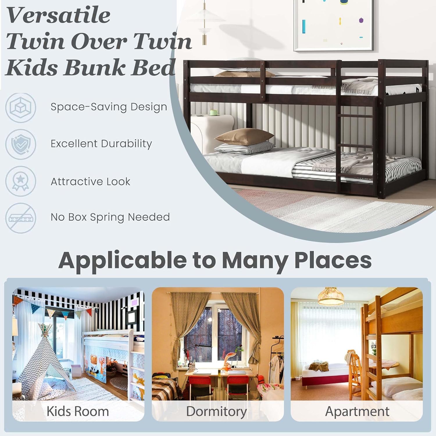 Twin Over Twin Floor Bunk Bed for Kids, Low Bunk Beds with Ladder, Solid Wood Bunk Bed Frame with Guardrails, No Box Spring Needed (Espresso)