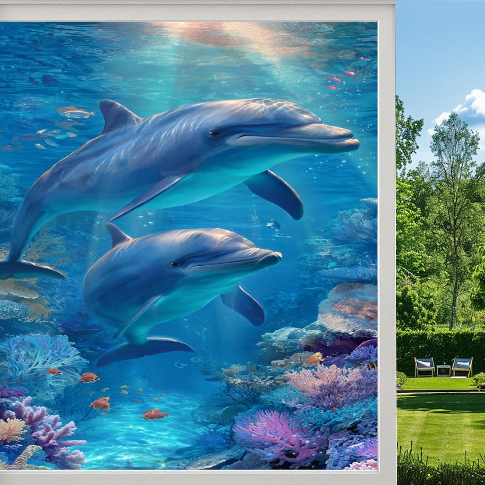 Underwater Dolphins Privacy Window Film, Coastal Ocean Coral Reefs Frosted Self-Adhesive Vinyl Cling for Glass Doors Bathroom Windows Sun Blocking Heat Control, （55x120cm）