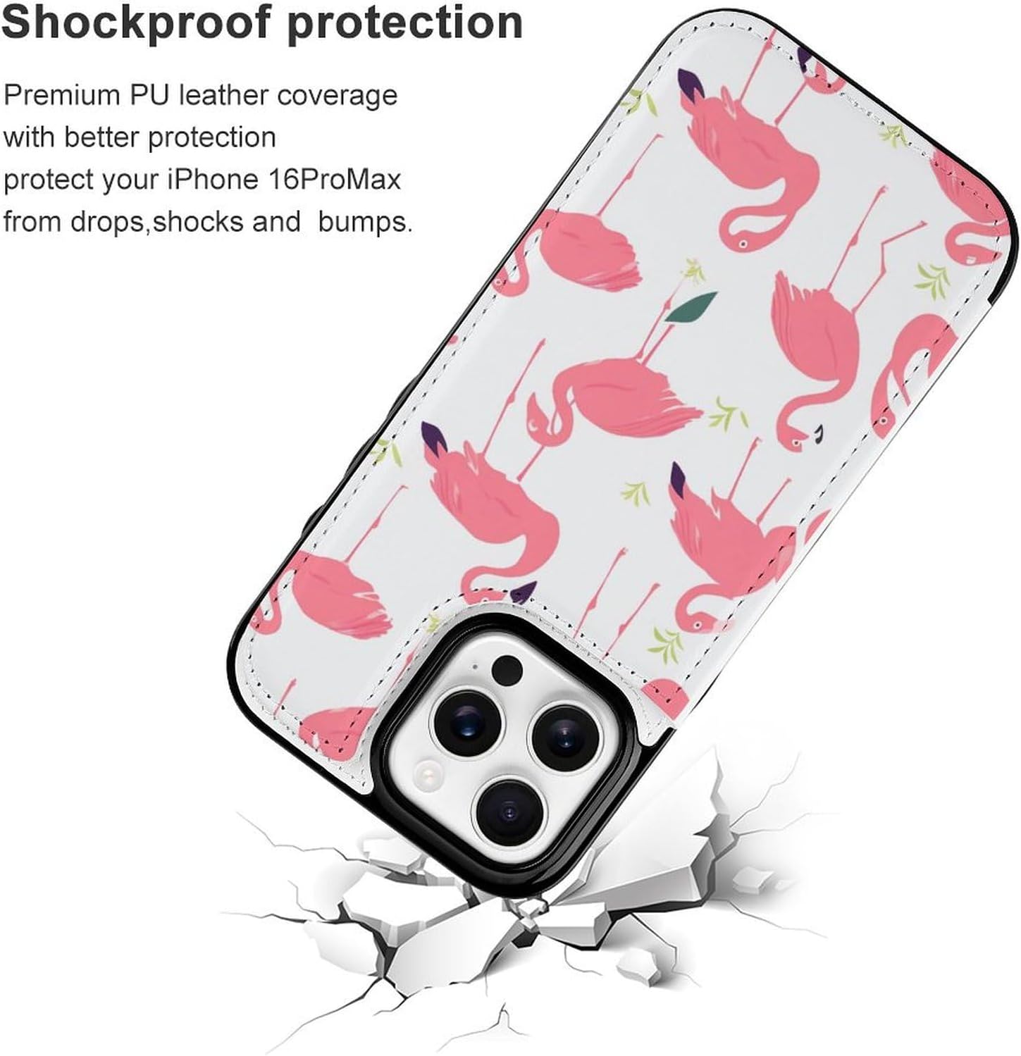 Wallet Cases for iPhone 16 Pro Max, Pink Flamingo Pattern Prints Flip Leather Phone Case Cover with Card Slots Holder