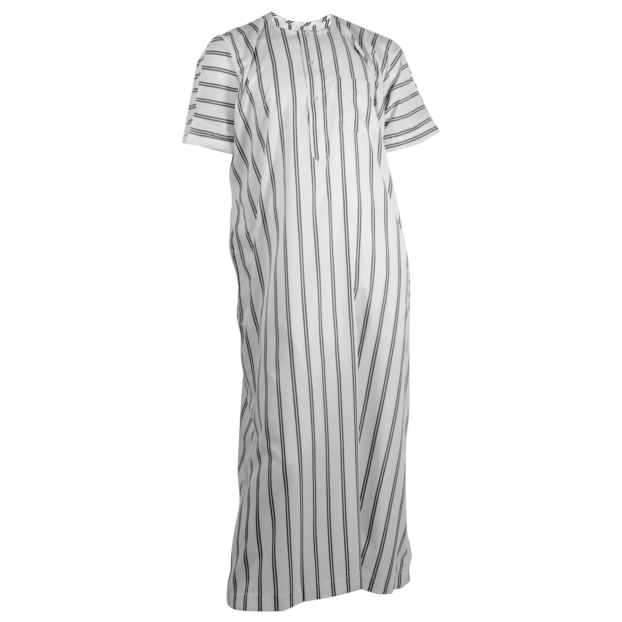 Hijaz Silky White Double Stripe Casual Short Sleeve Men's Thobe with Pockets