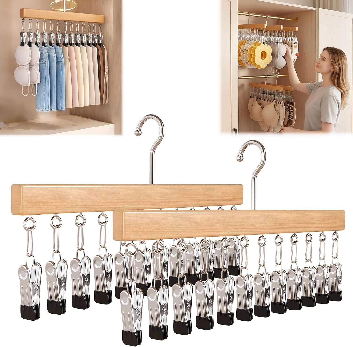 Pure Wood Rotating Closet Organizer with 12 Clips, Legging Hangers for Closet Organizer- 360 Rotating Metal Clips with Silicone Lining, Space Saving Hanging for Jeans Skirts Socks (2)