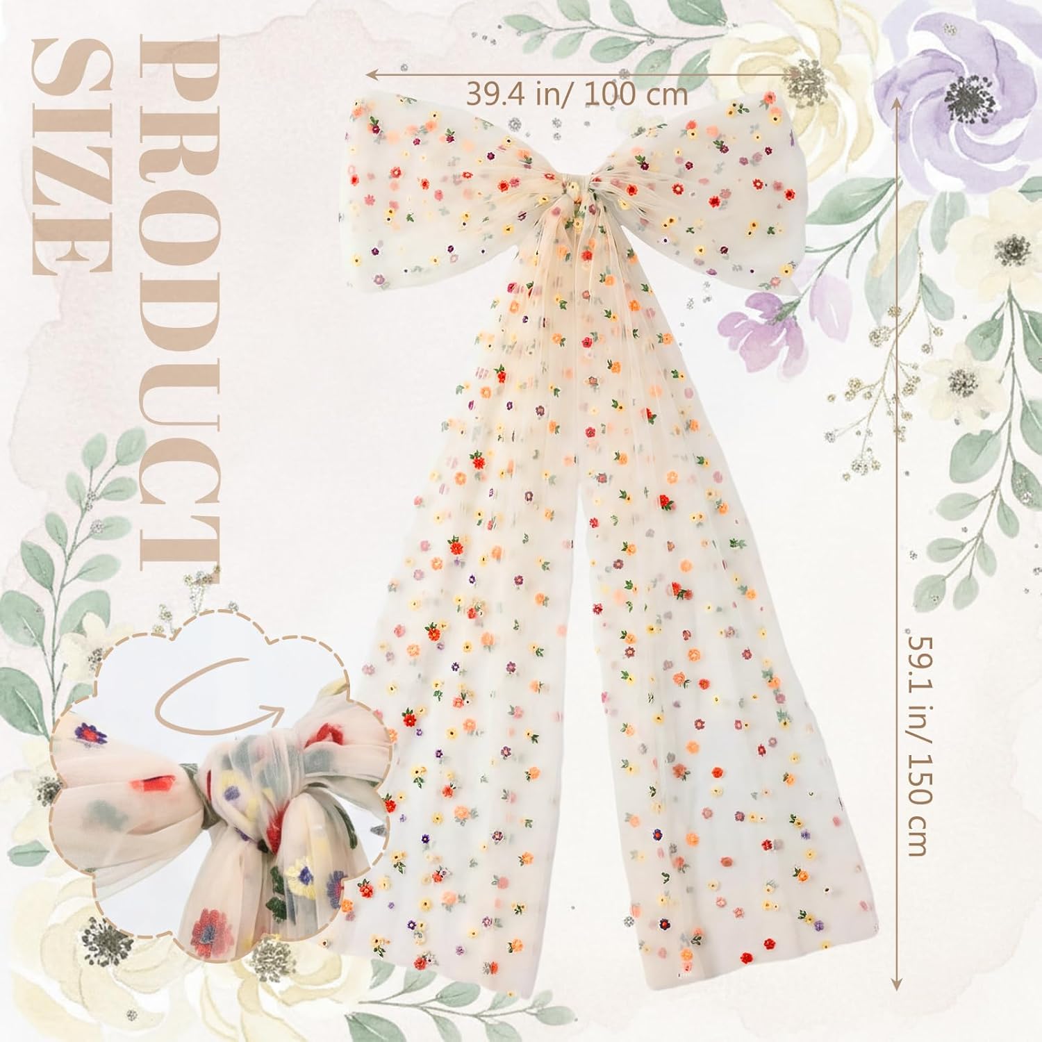 Extra Large Embroidery Floral Tulle Bow Decorations 39 x 59 Inch Giant Champagne Organza Bow with Tie and Long Ribbon Tails for Spring Wedding Backdrop Coquette Room Wall Decoration